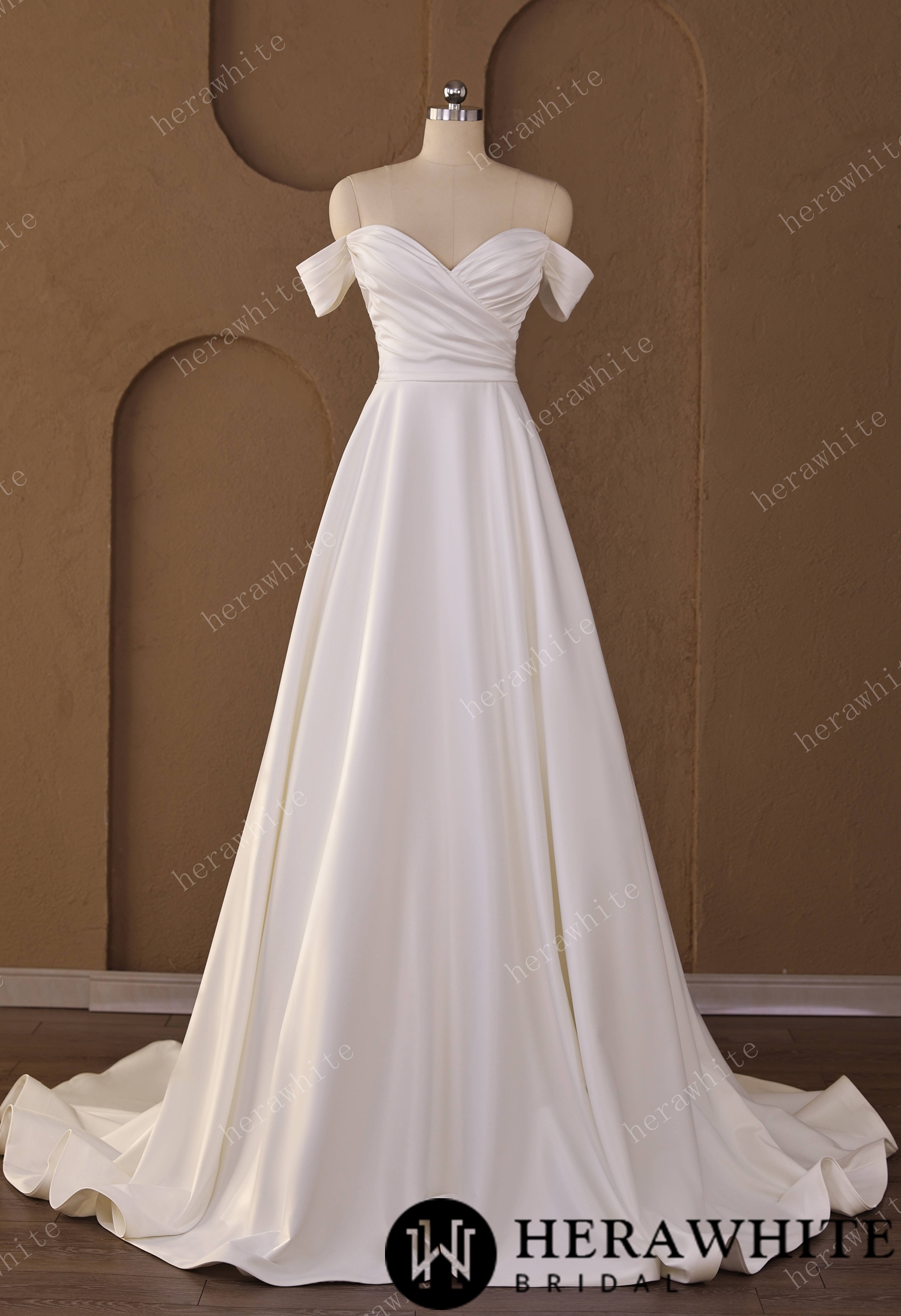 In Stock/ Off-Shoulder Sweetheart Satin A-line Wedding Gown With Draped Bodice & Cap Sleeves
