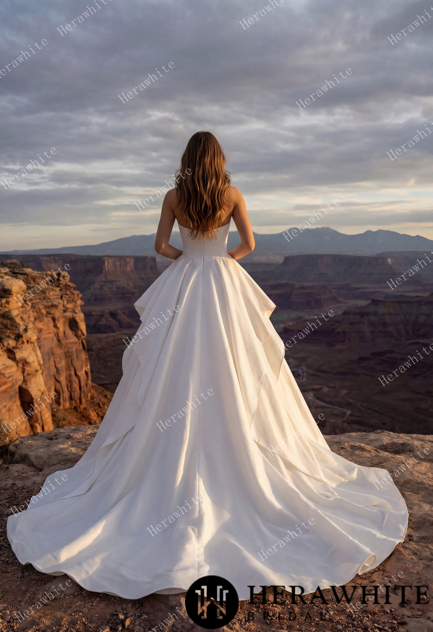 In Stock/ Scoop Neck Satin Bridal Gown with Asymmetric Pleats Waist & Detachable Scarf