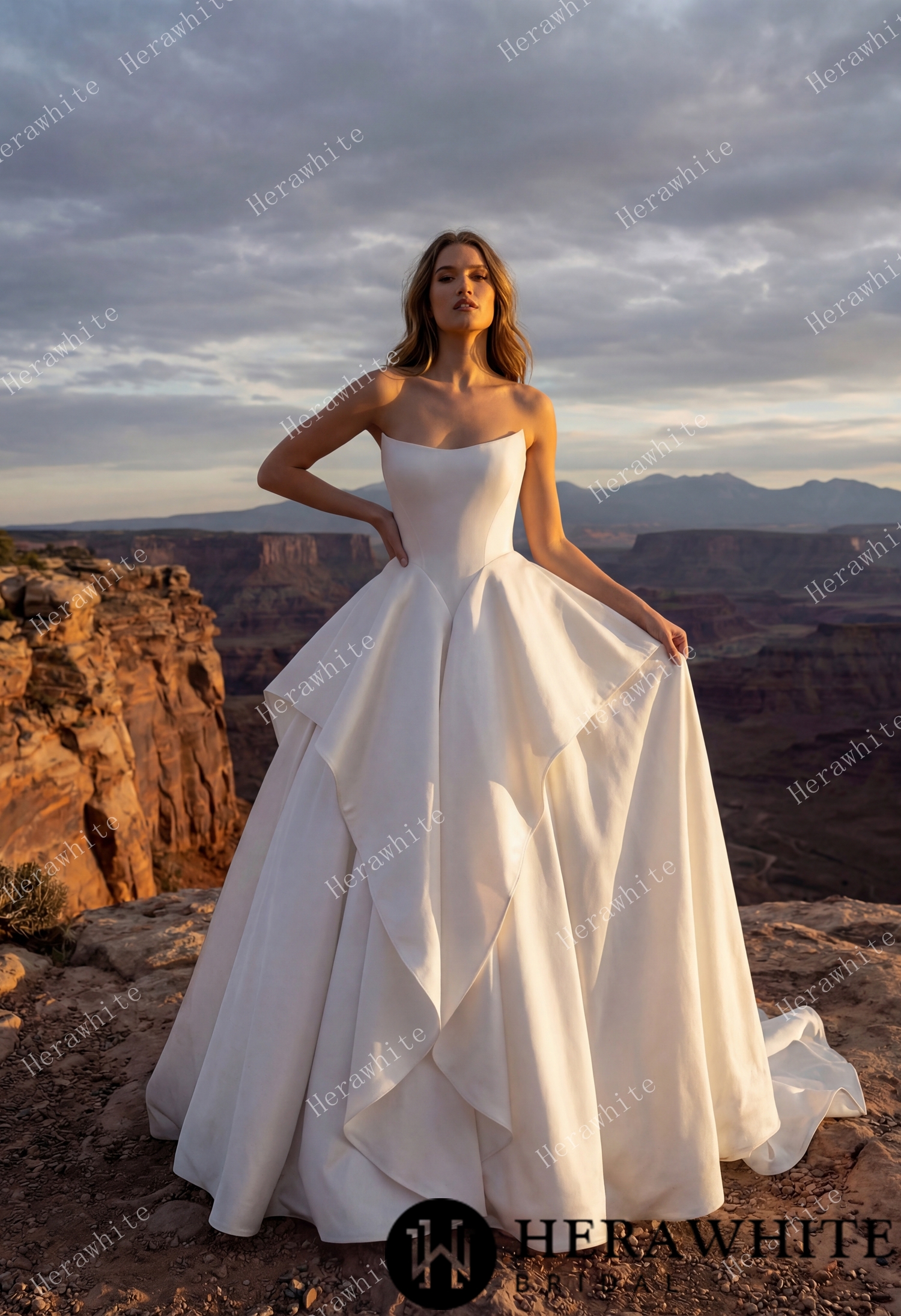 In Stock/ Scoop Neck Satin Bridal Gown with Asymmetric Pleats Waist & Detachable Scarf
