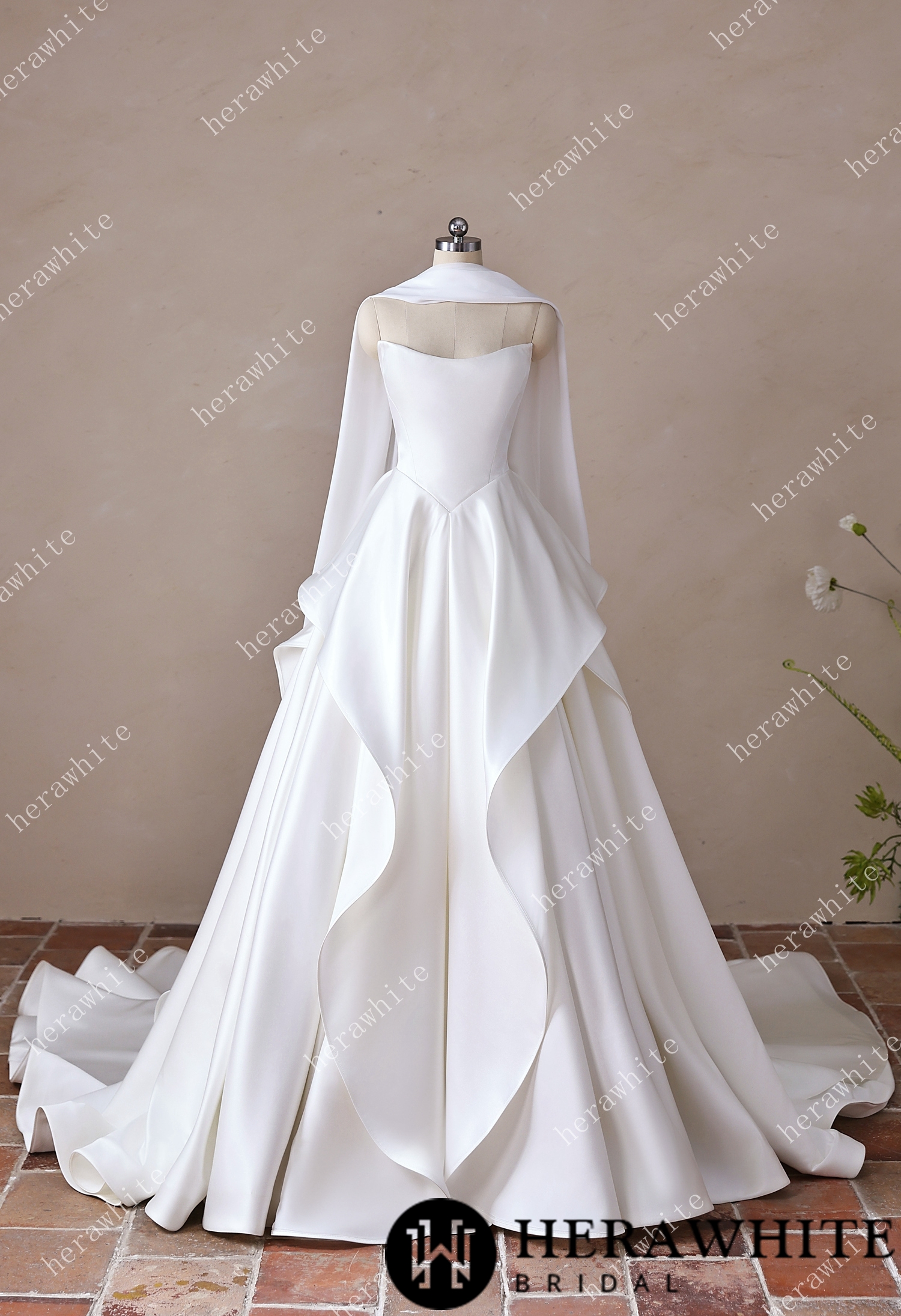 In Stock/ Scoop Neck Satin Bridal Gown with Asymmetric Pleats Waist & Detachable Scarf