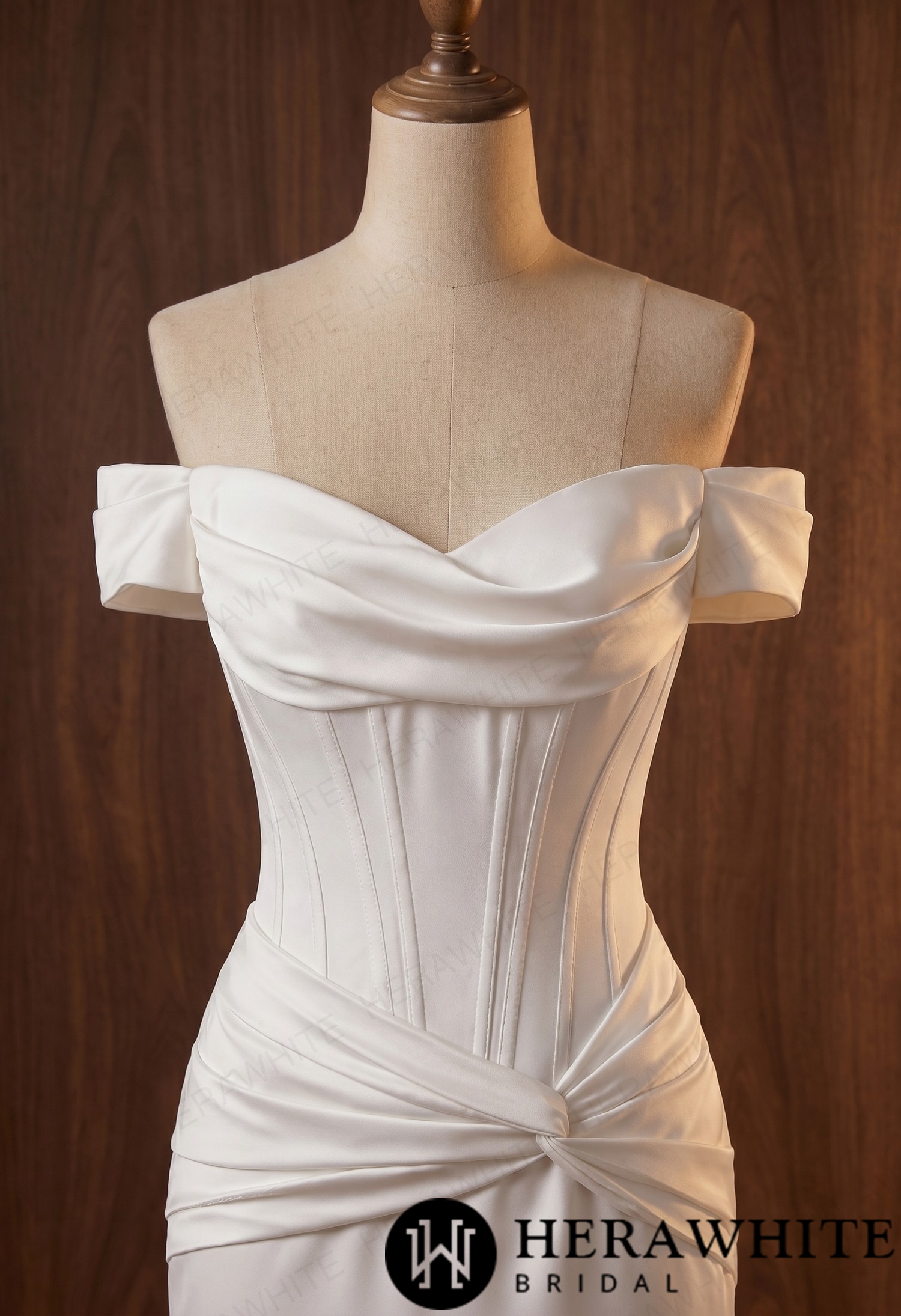 Off-the-Shoulder Satin Corset Mermaid Wedding Gown with Twisted Waist Detail