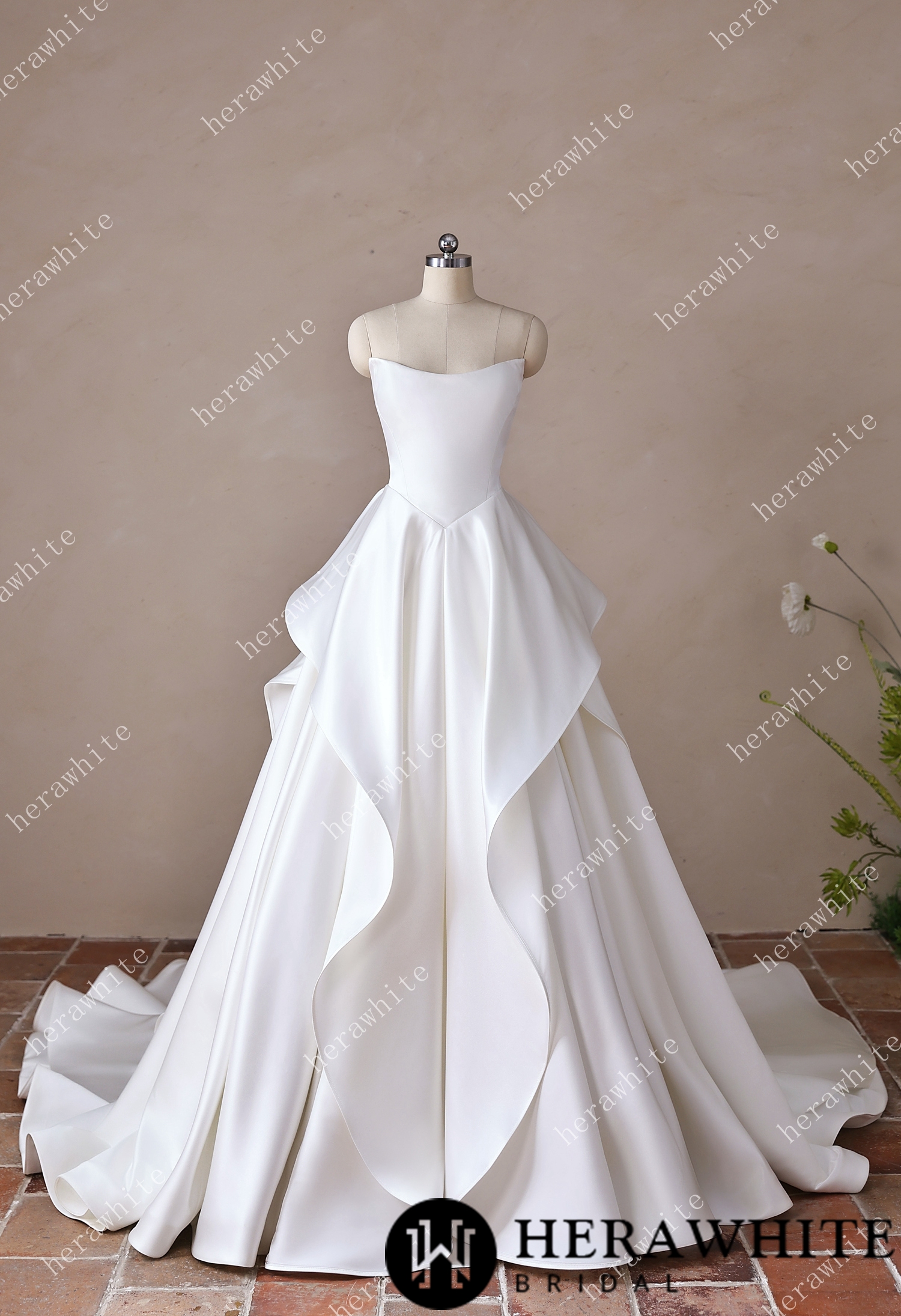 In Stock/ Scoop Neck Satin Bridal Gown with Asymmetric Pleats Waist & Detachable Scarf