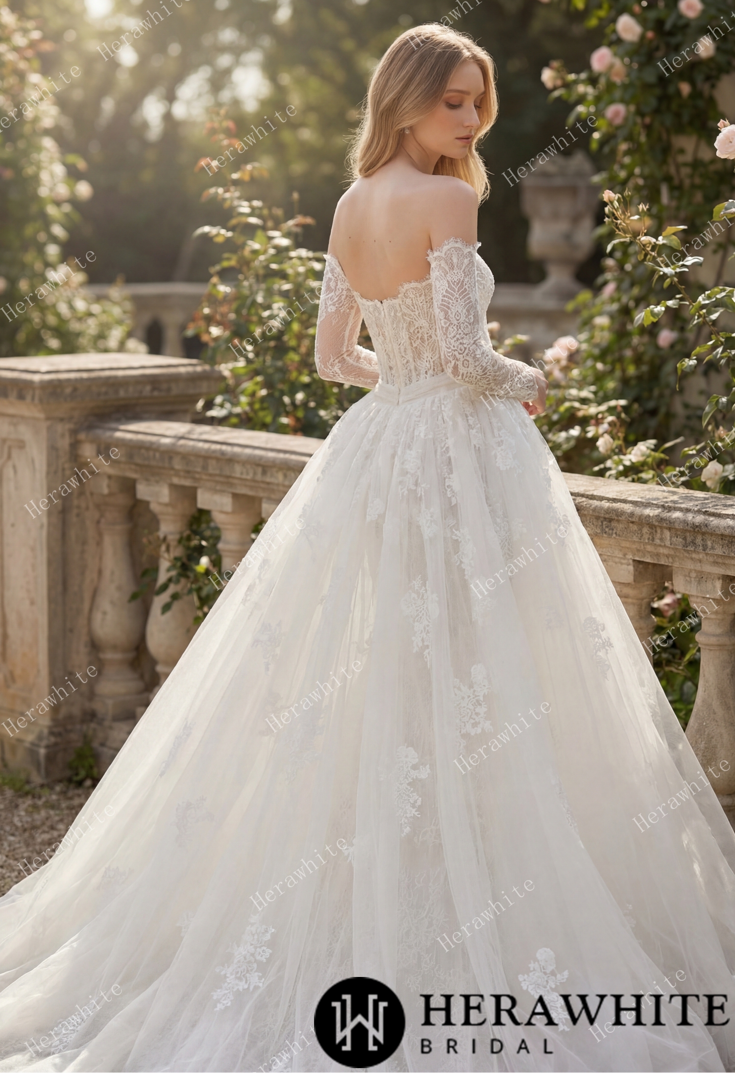 In Stock/ Irregular Neckline Symmetric Lace Off-the-Shoulder Long-Sleeve Bridal Gown with Detachable Tulle Over Skirt
