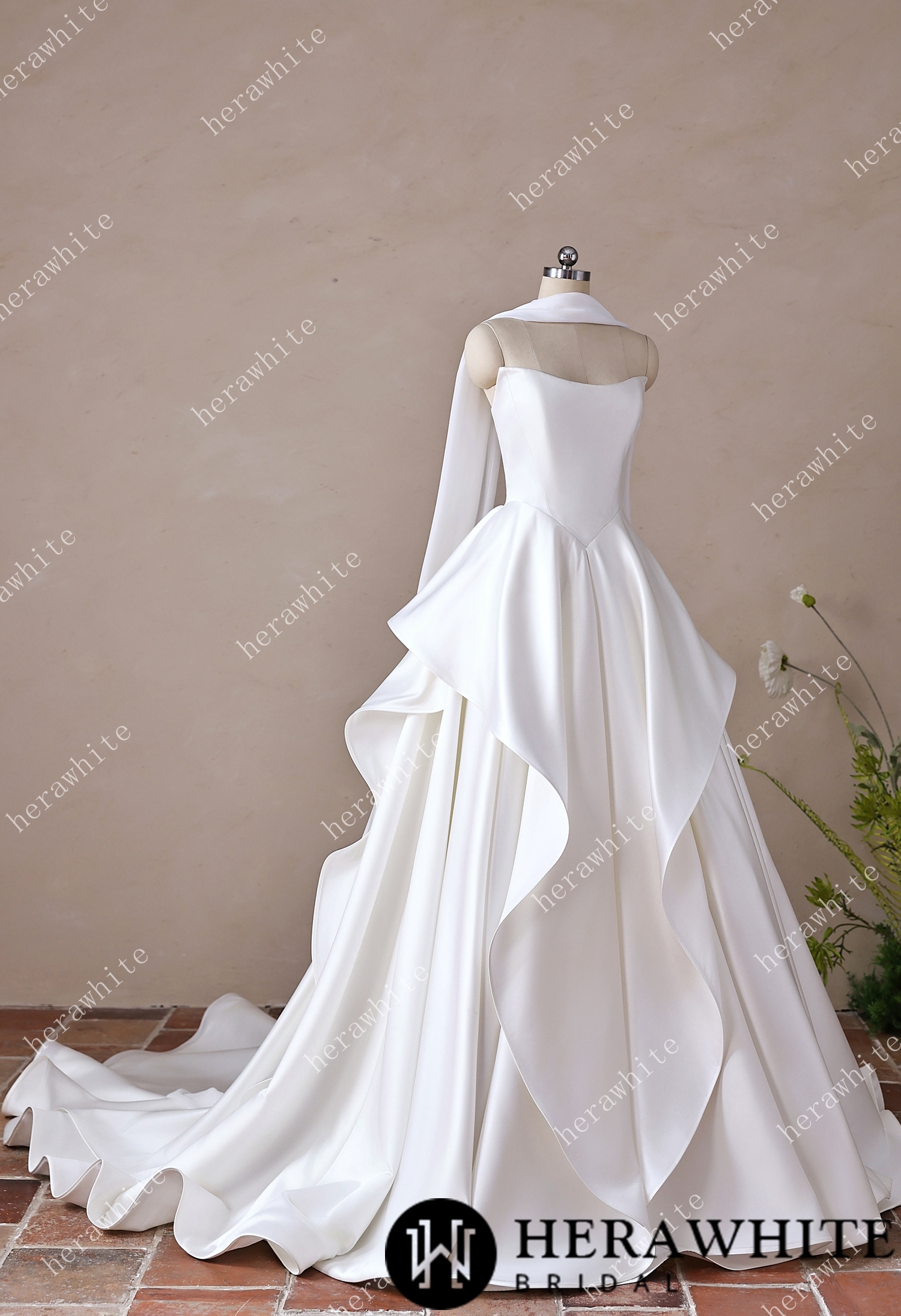 In Stock/ Scoop Neck Satin Bridal Gown with Asymmetric Pleats Waist & Detachable Scarf
