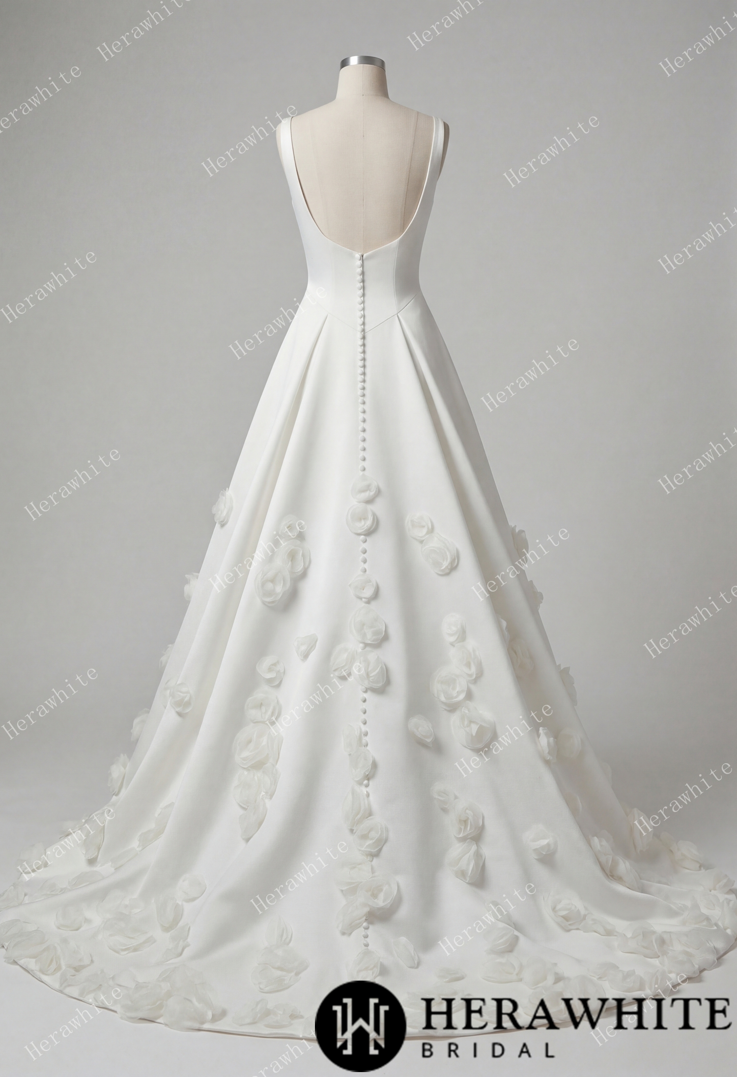 In Stock/ Square Neck Wide Strap Satin Bridal Gown with 3D Floral Skirt & Deep U-Back