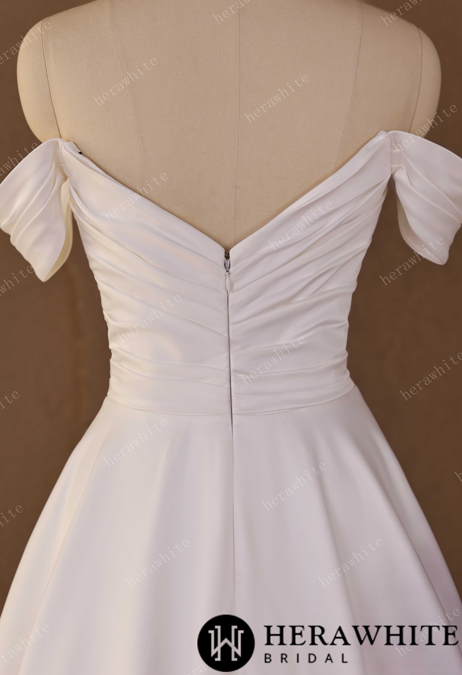 In Stock/ Off-Shoulder Sweetheart Satin A-line Wedding Gown With Draped Bodice & Cap Sleeves