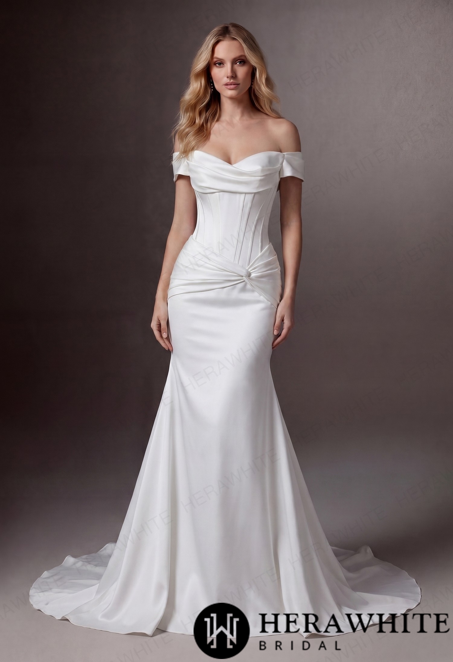 In Stock / Off-the-Shoulder Satin Corset Mermaid Wedding Gown with Twisted Waist Detail
