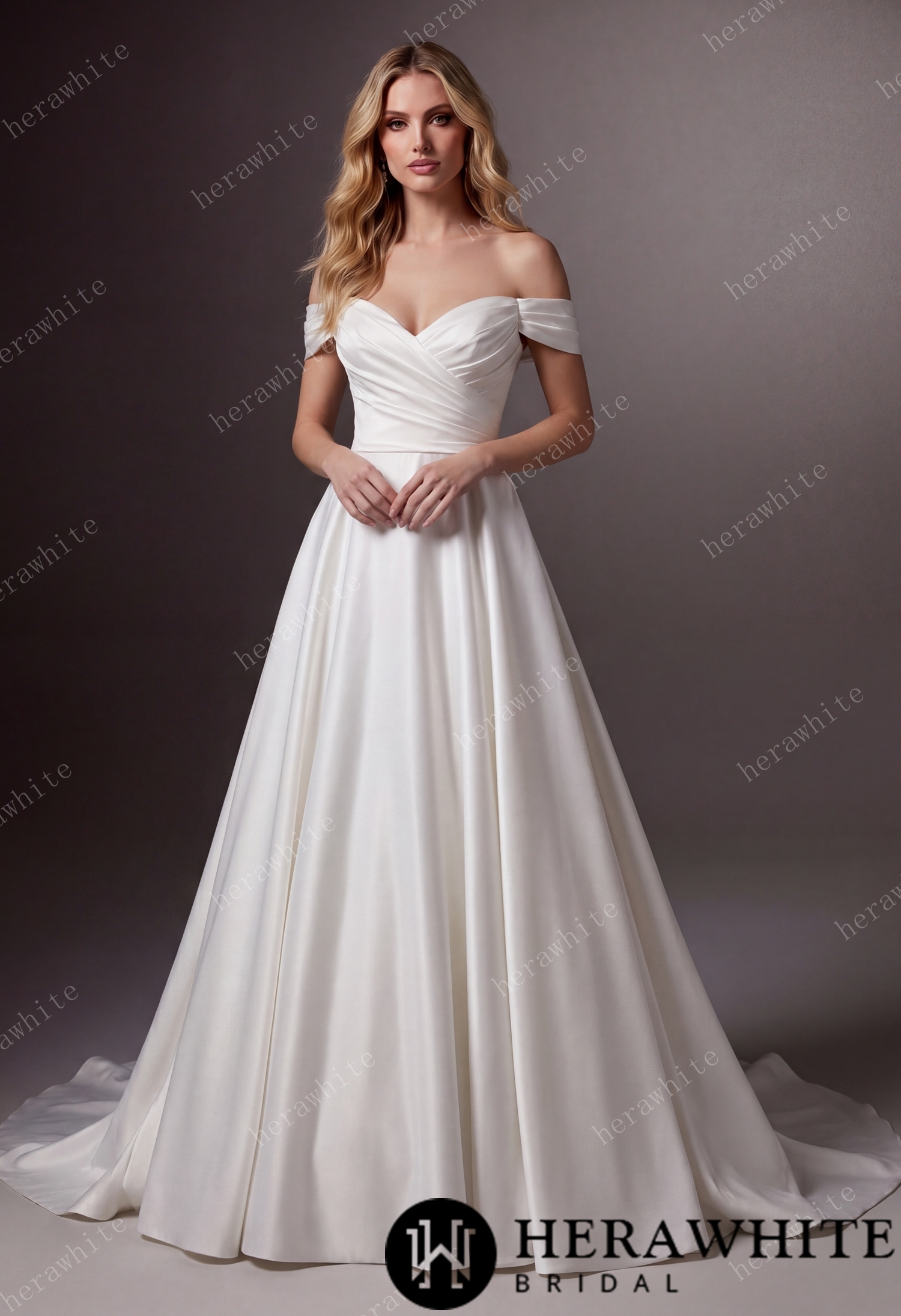 In Stock/ Off-Shoulder Sweetheart Satin A-line Wedding Gown With Draped Bodice & Cap Sleeves