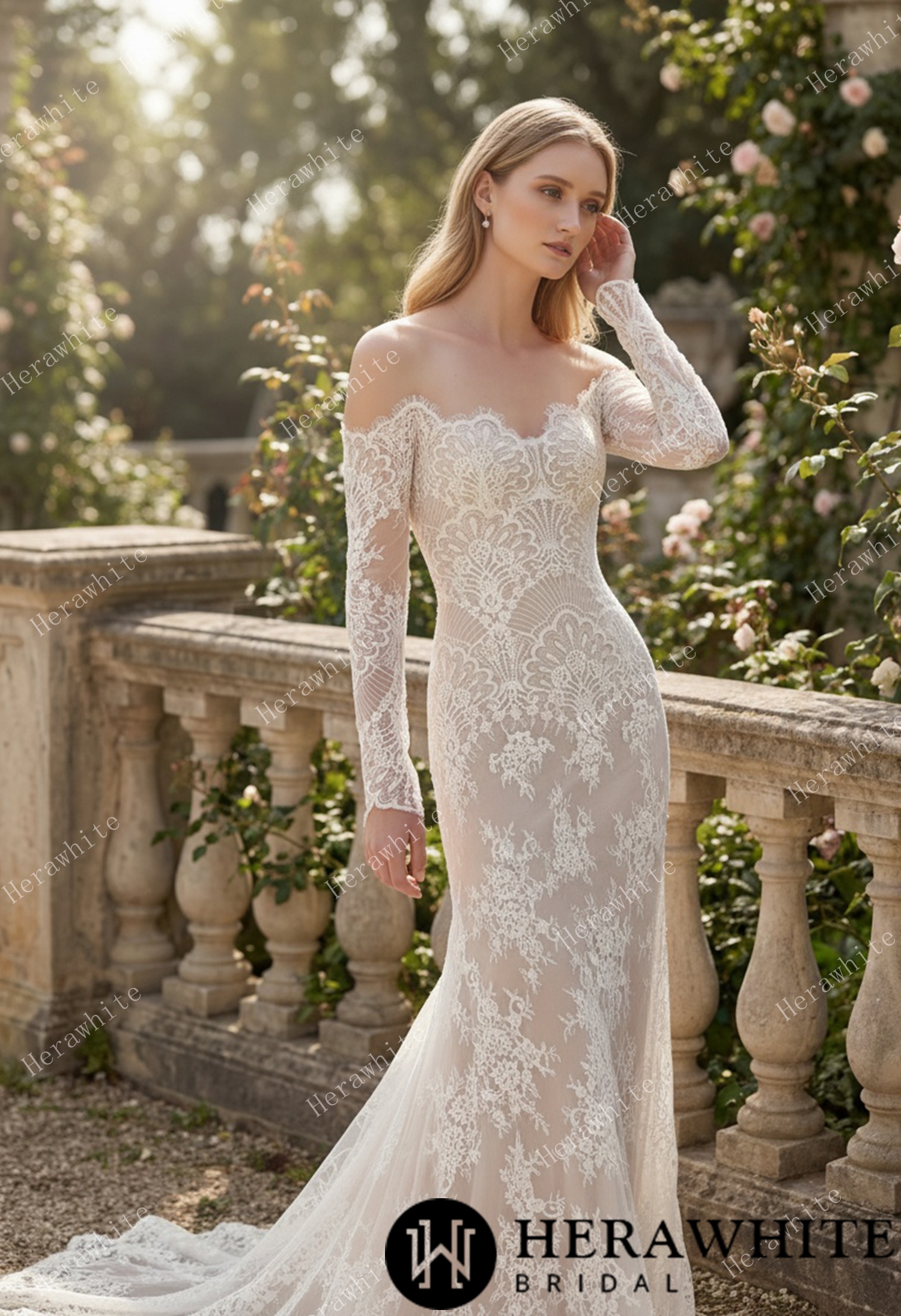 In Stock/ Irregular Neckline Symmetric Lace Off-the-Shoulder Long-Sleeve Bridal Gown with Detachable Tulle Over Skirt