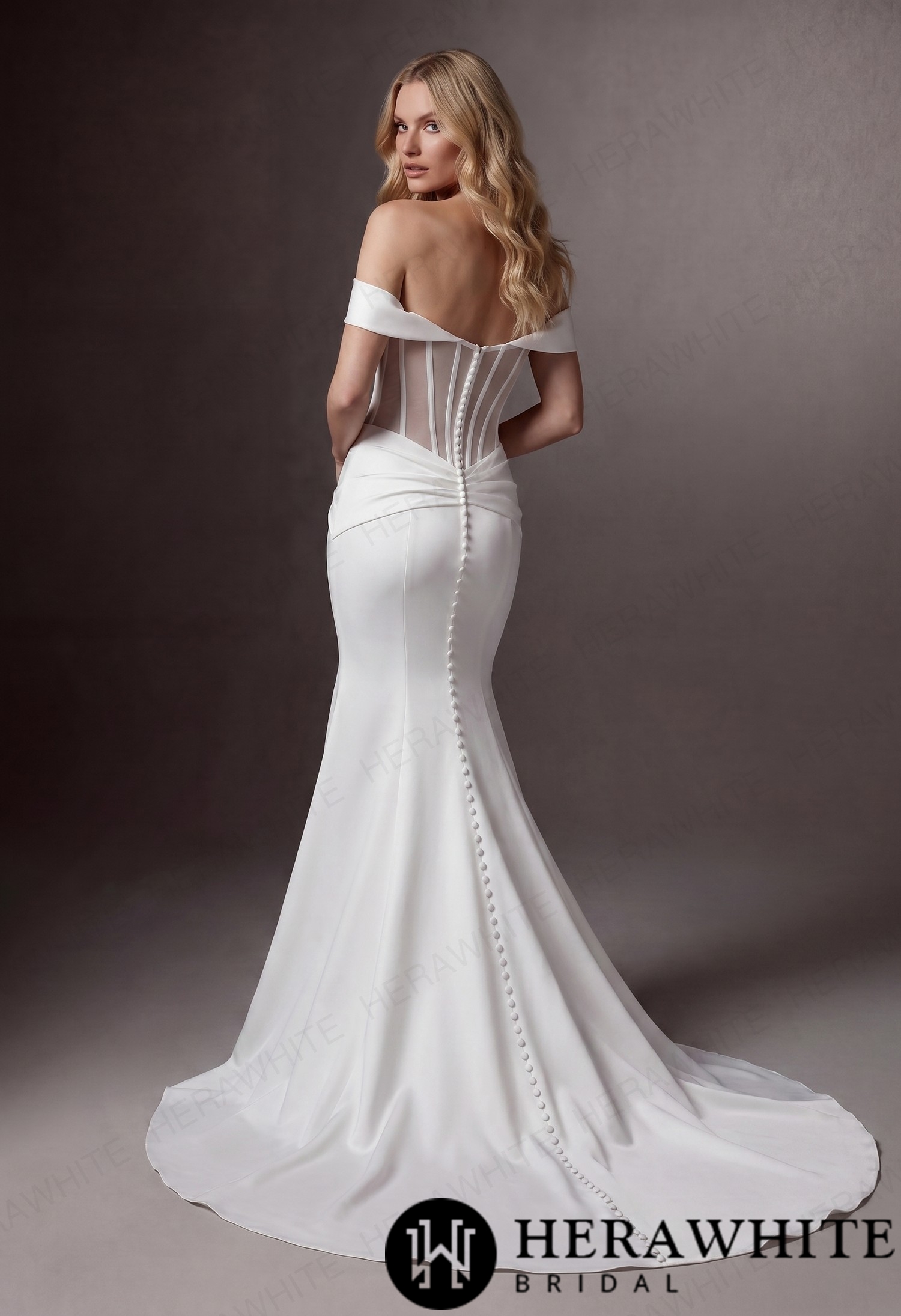 In Stock / Off-the-Shoulder Satin Corset Mermaid Wedding Gown with Twisted Waist Detail