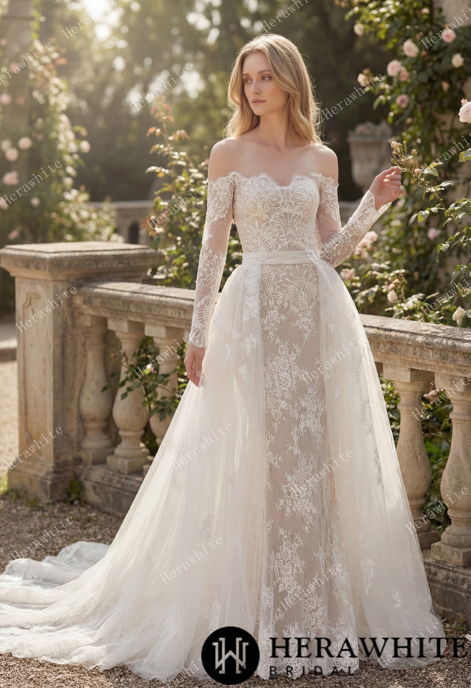 In Stock/ Irregular Neckline Symmetric Lace Off-the-Shoulder Long-Sleeve Bridal Gown with Detachable Tulle Over Skirt