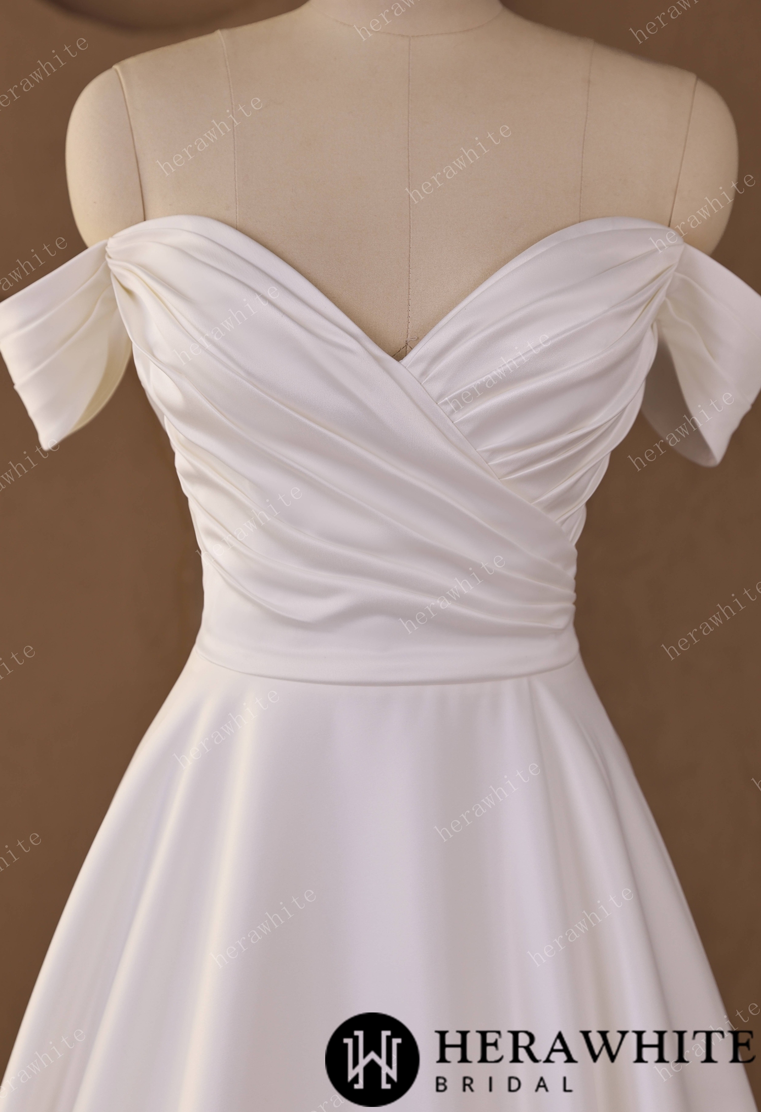 In Stock/ Off-Shoulder Sweetheart Satin A-line Wedding Gown With Draped Bodice & Cap Sleeves
