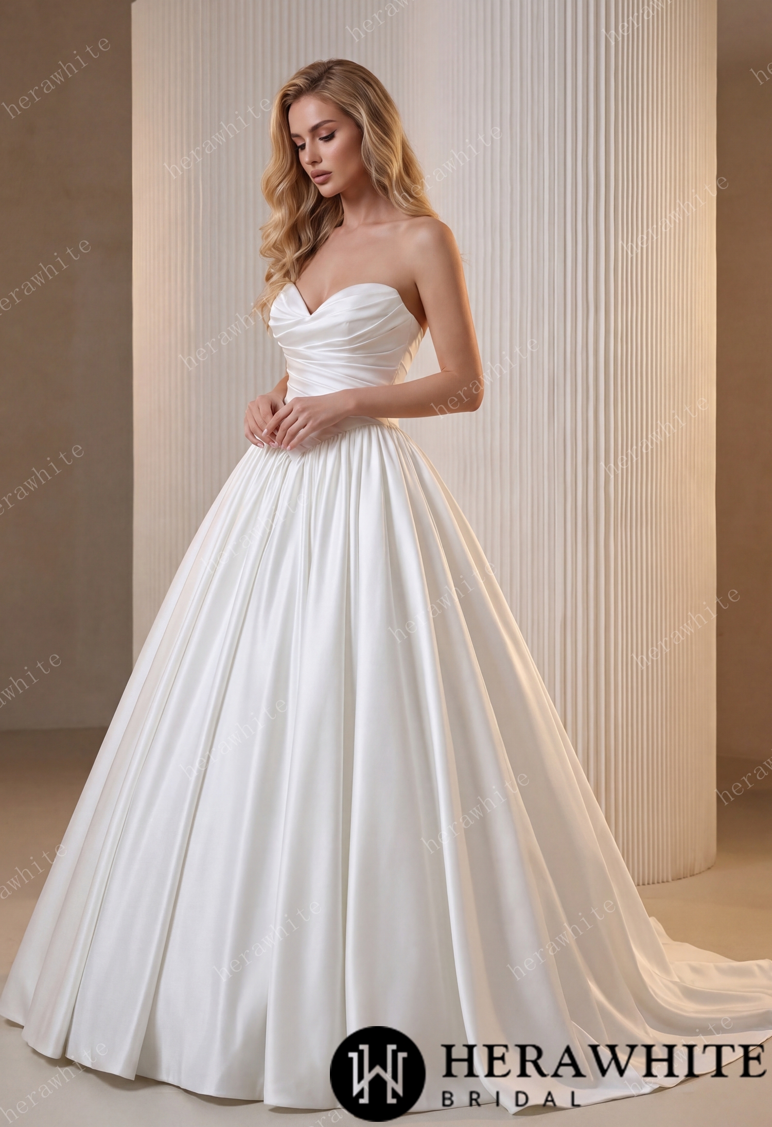 In Stock/ Strapless Sweetheart Satin Ball Gown with Pleated Bodice