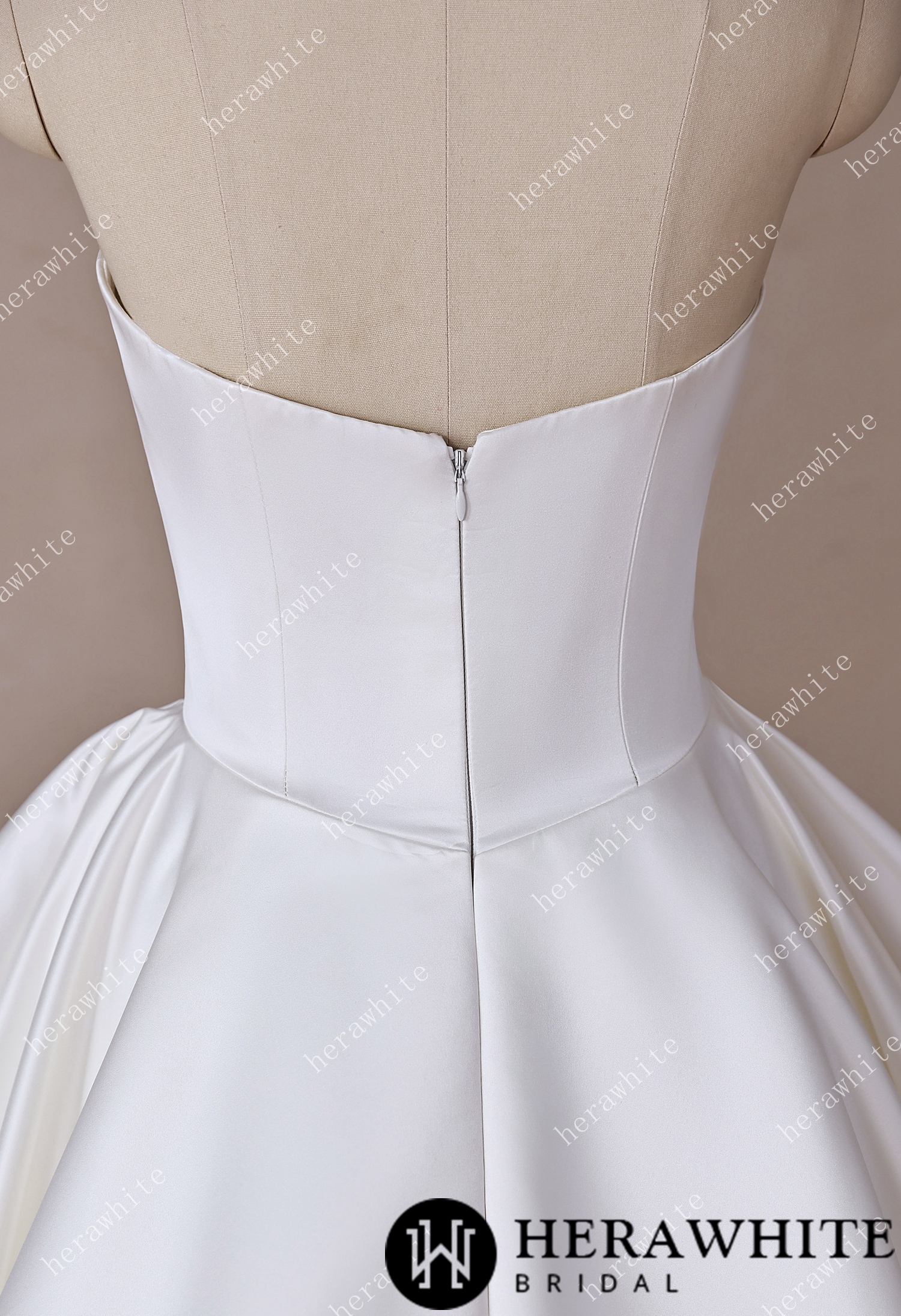 In Stock/ Scoop Neck Satin Bridal Gown with Asymmetric Pleats Waist & Detachable Scarf