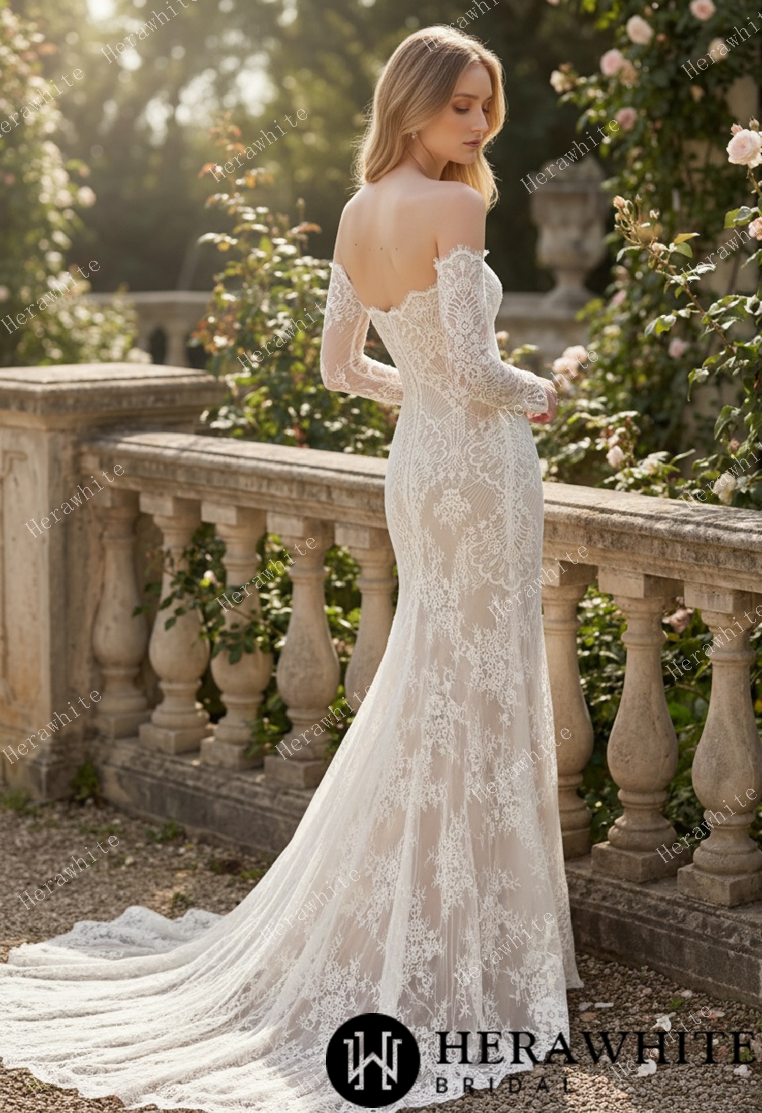 In Stock/ Irregular Neckline Symmetric Lace Off-the-Shoulder Long-Sleeve Bridal Gown with Detachable Tulle Over Skirt