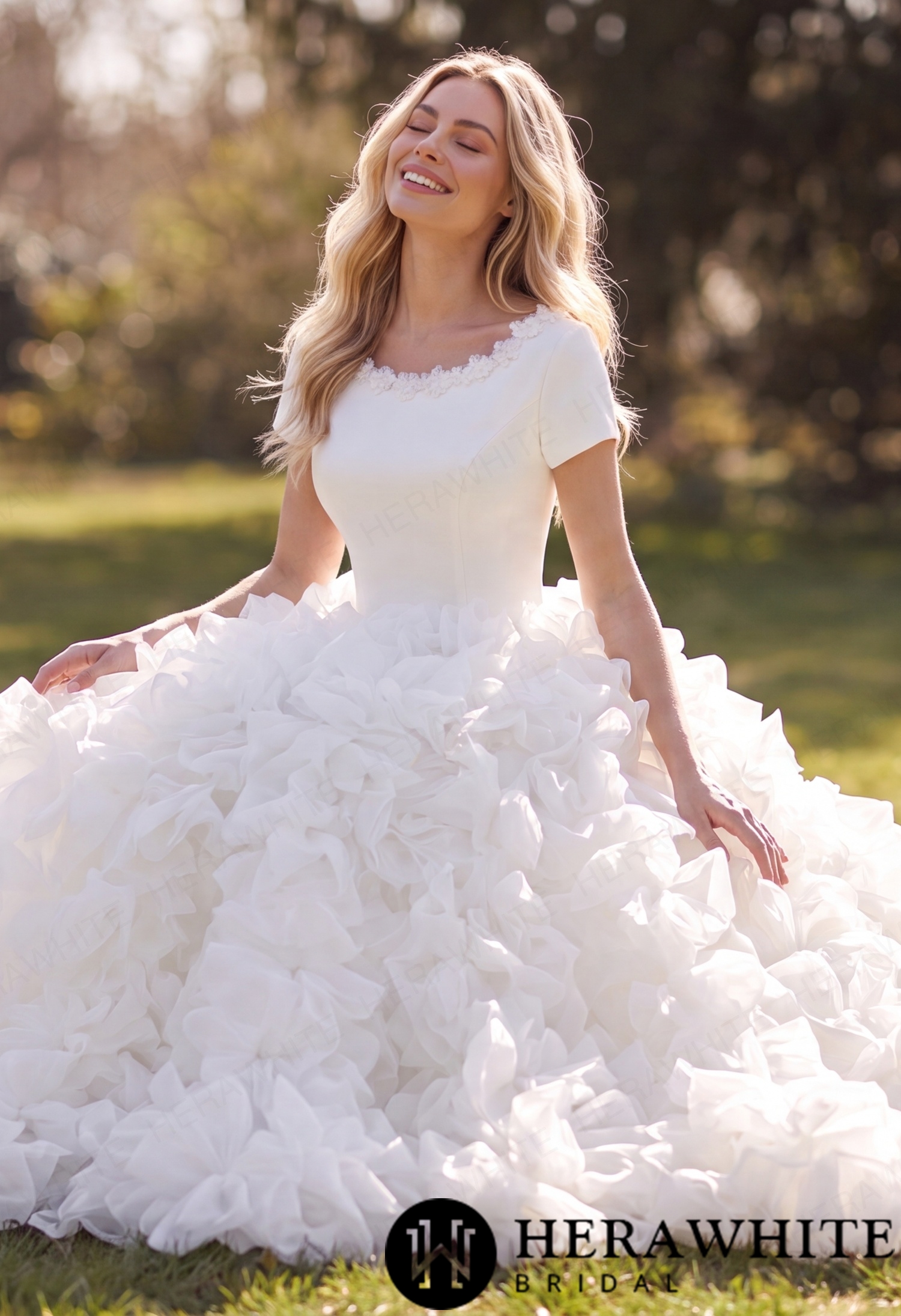 Satin Organza Ball Gown Wedding Dress - Short Sleeves