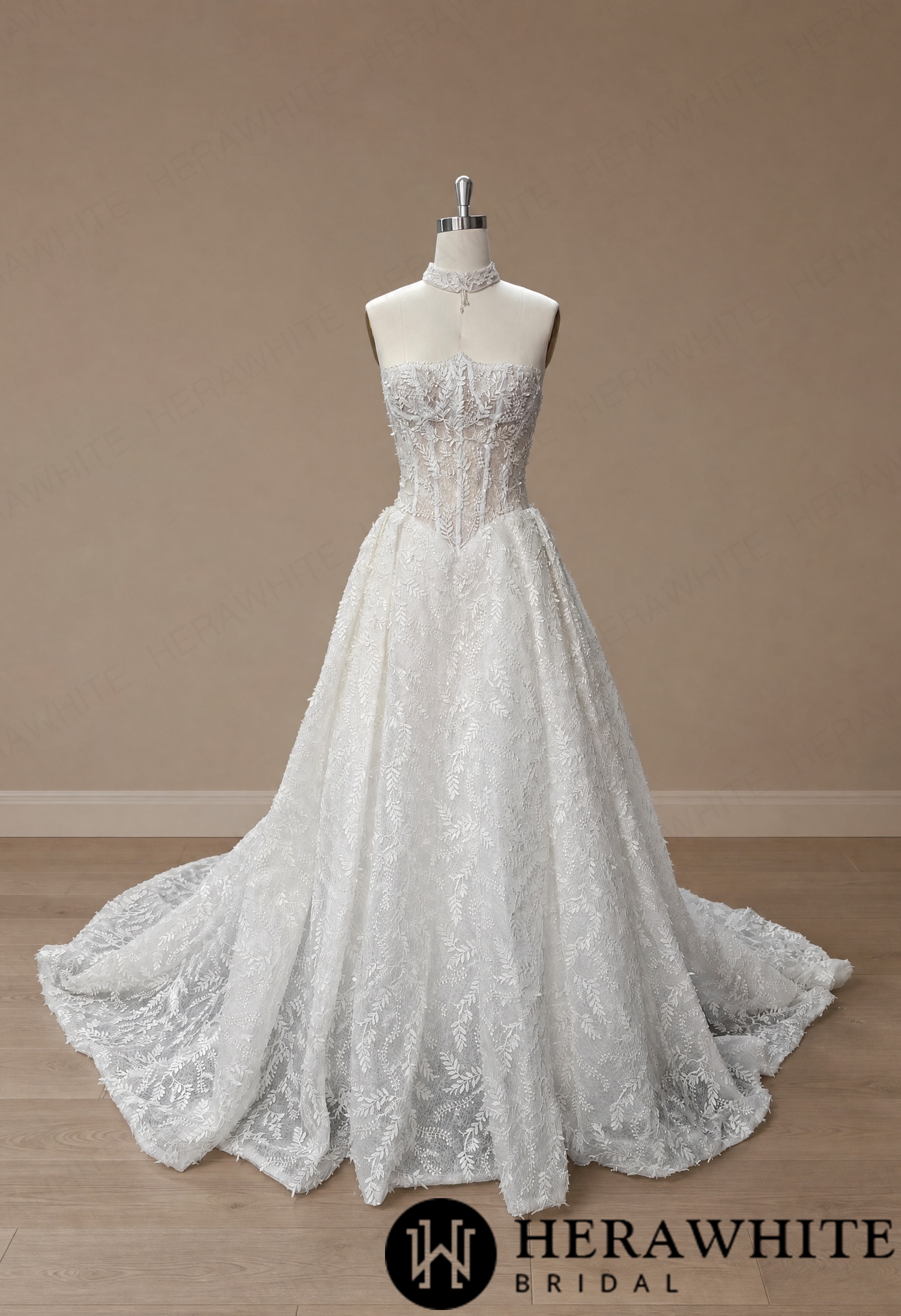 Strapless Lace A-Line Wedding Gown with Basque Waist HW4103