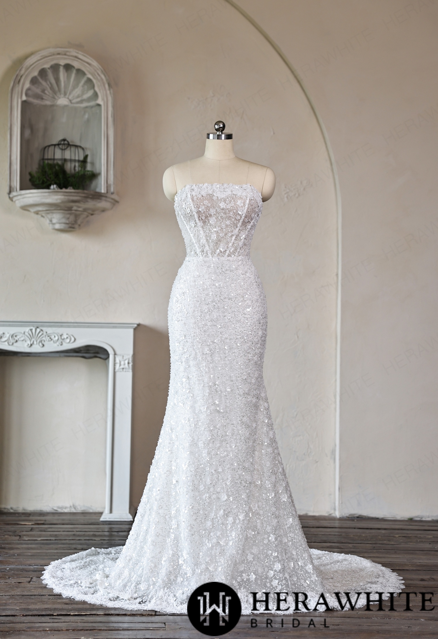Mermaid Wedding Dress with Beaded Lace Peplum Sash