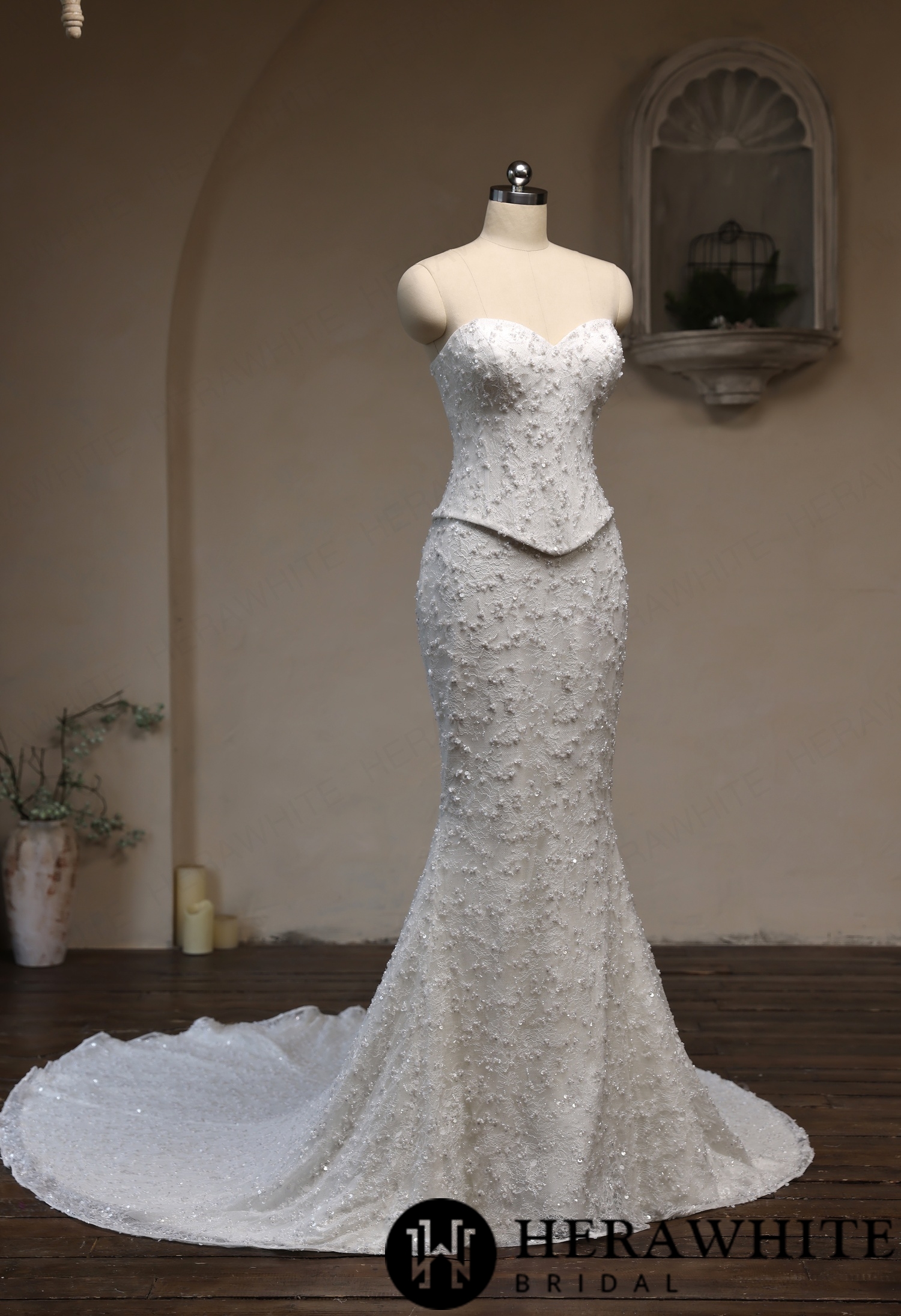 Sweetheart Fit-and-Flare Beaded Lace Wedding Dress