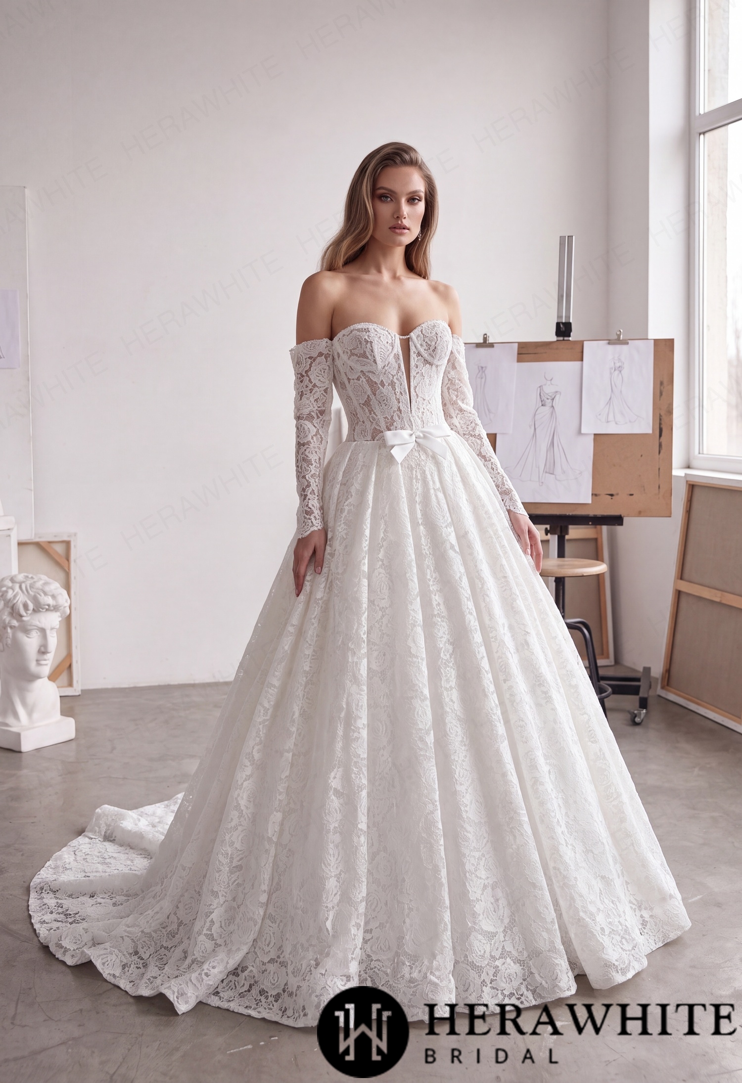 Plunge Illusion Lace Wedding Dress - Off-Shoulder HW4100