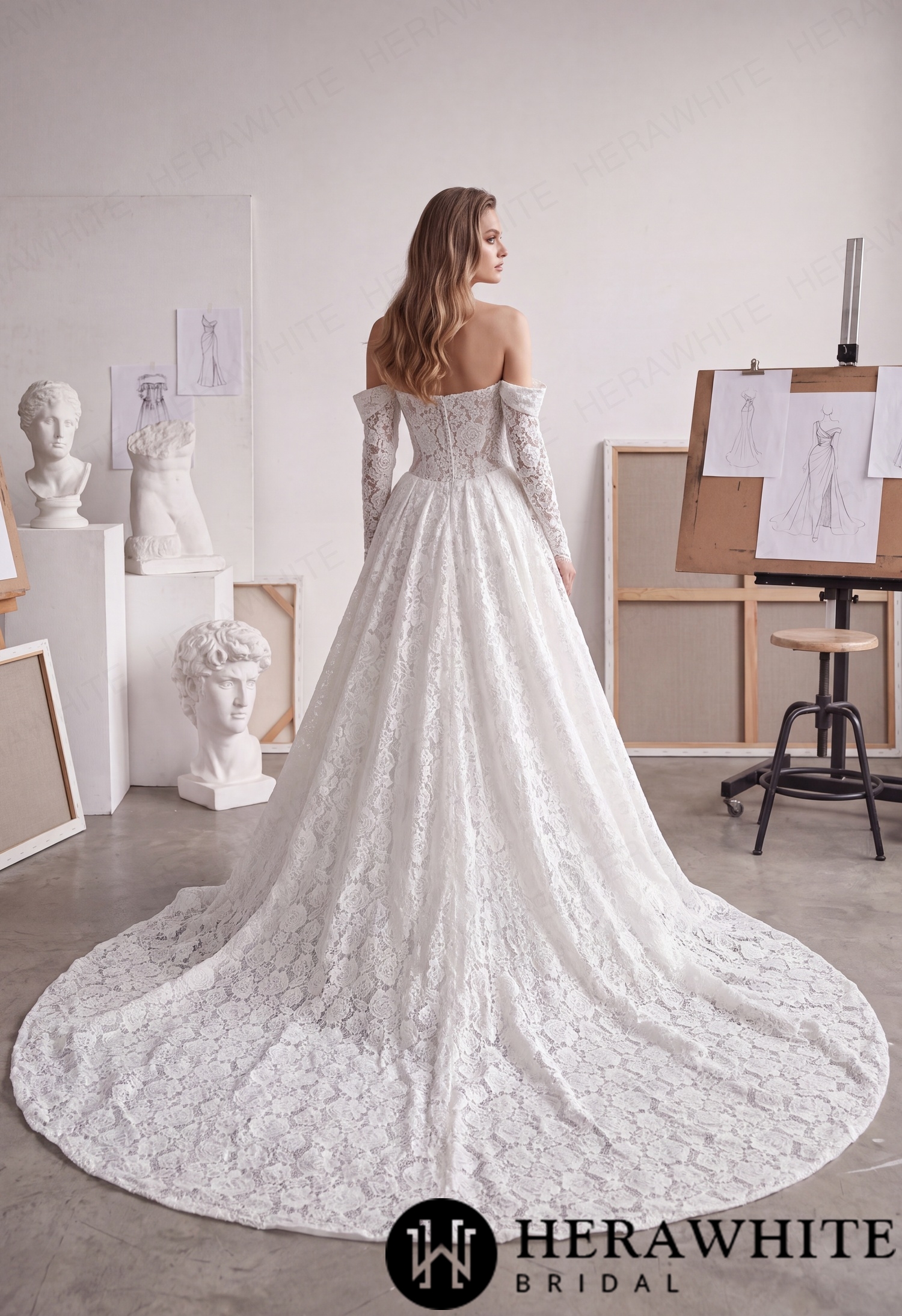 Plunge Illusion Lace Wedding Dress - Off-Shoulder HW4100