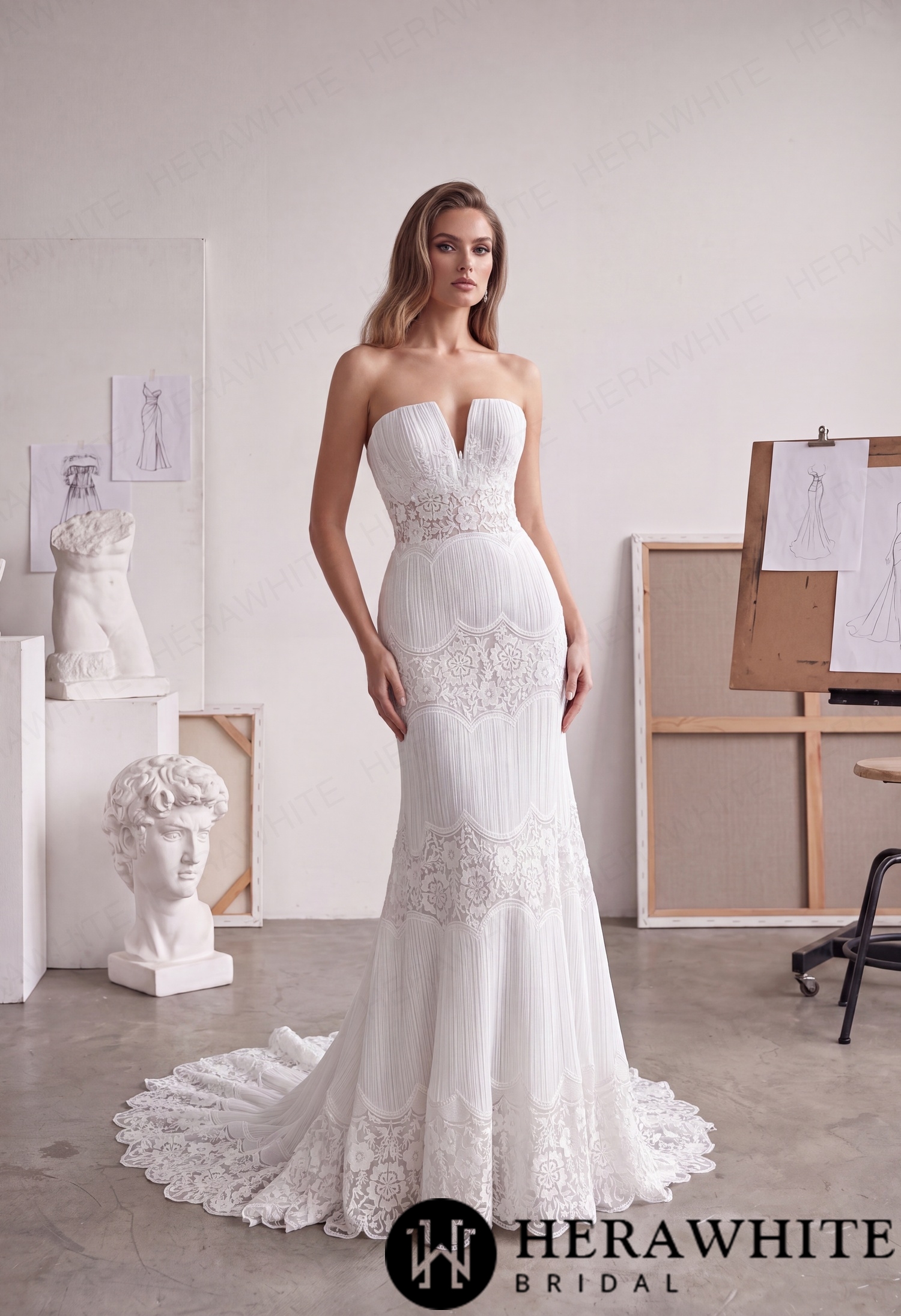 V-Notch Sheath Wedding Dress - Scalloped Floral Lace