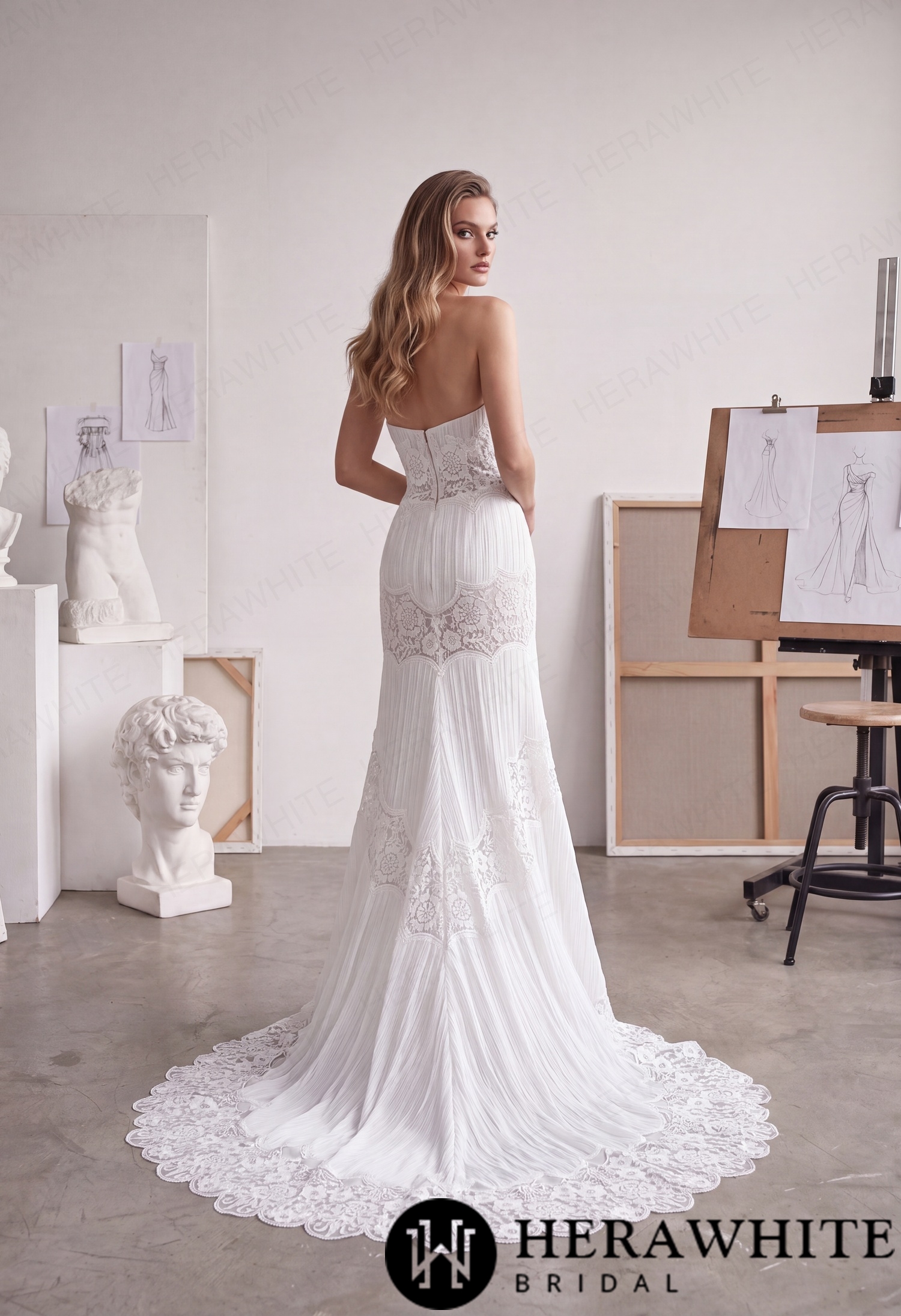 V-Notch Sheath Wedding Dress - Scalloped Floral Lace