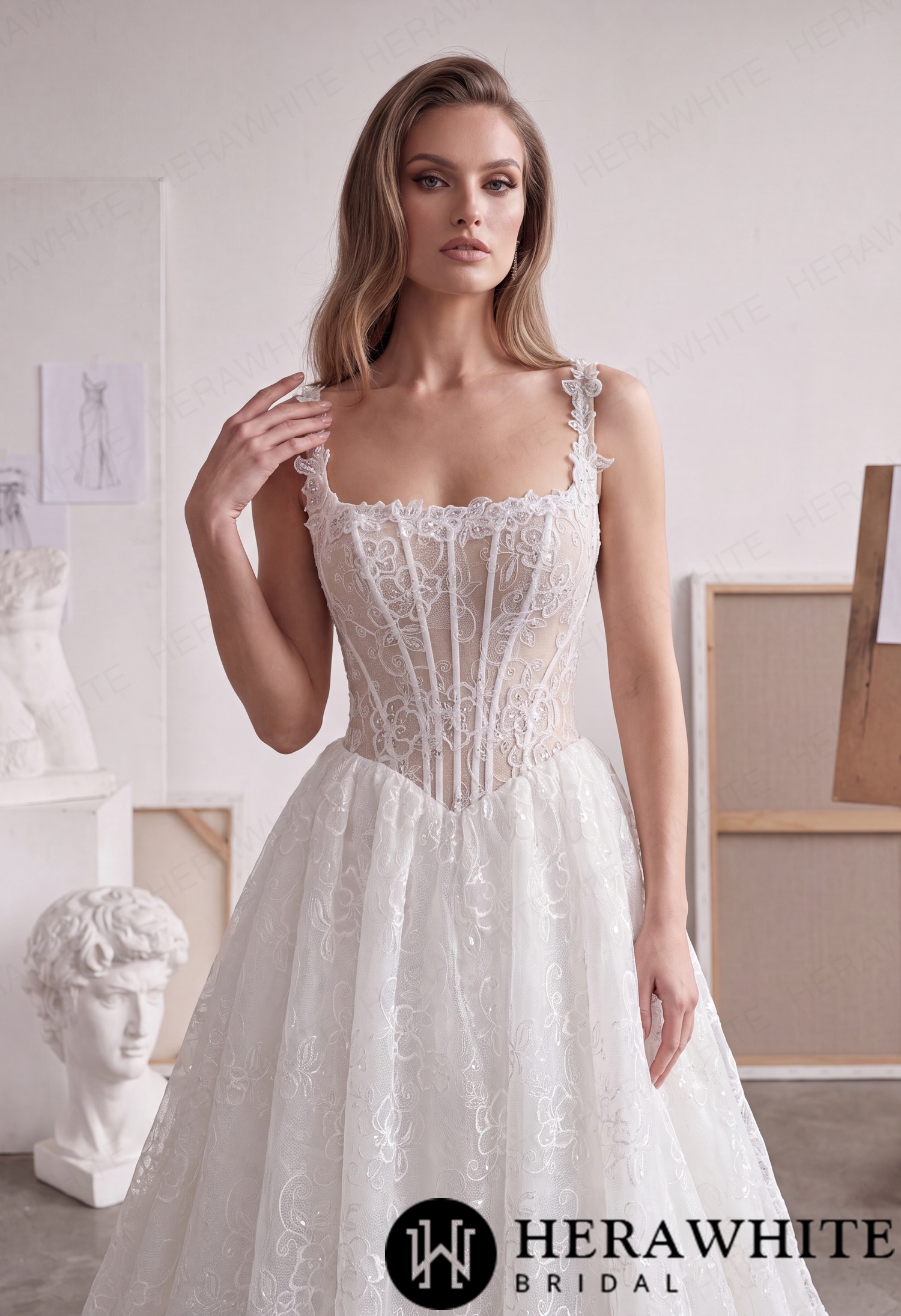 Square Neck Lace A-Line Wedding Dress with Floral Straps HW4101
