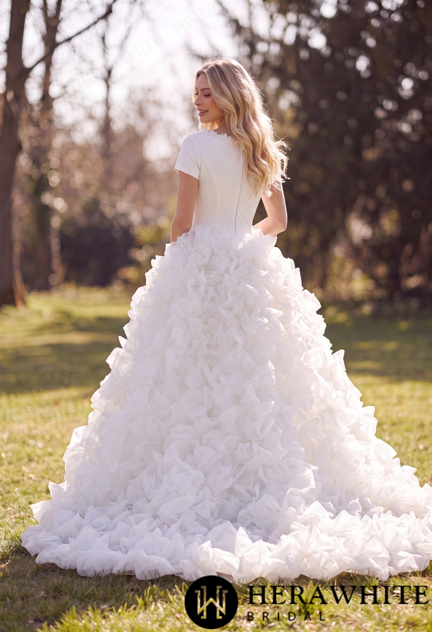 Satin Organza Ball Gown Wedding Dress - Short Sleeves