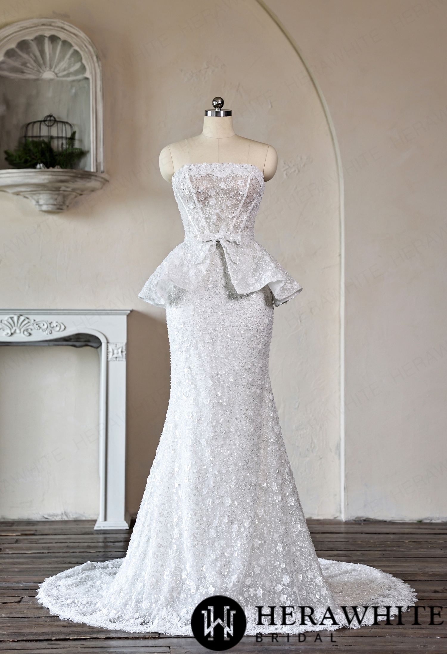 Mermaid Wedding Dress with Beaded Lace Peplum Sash