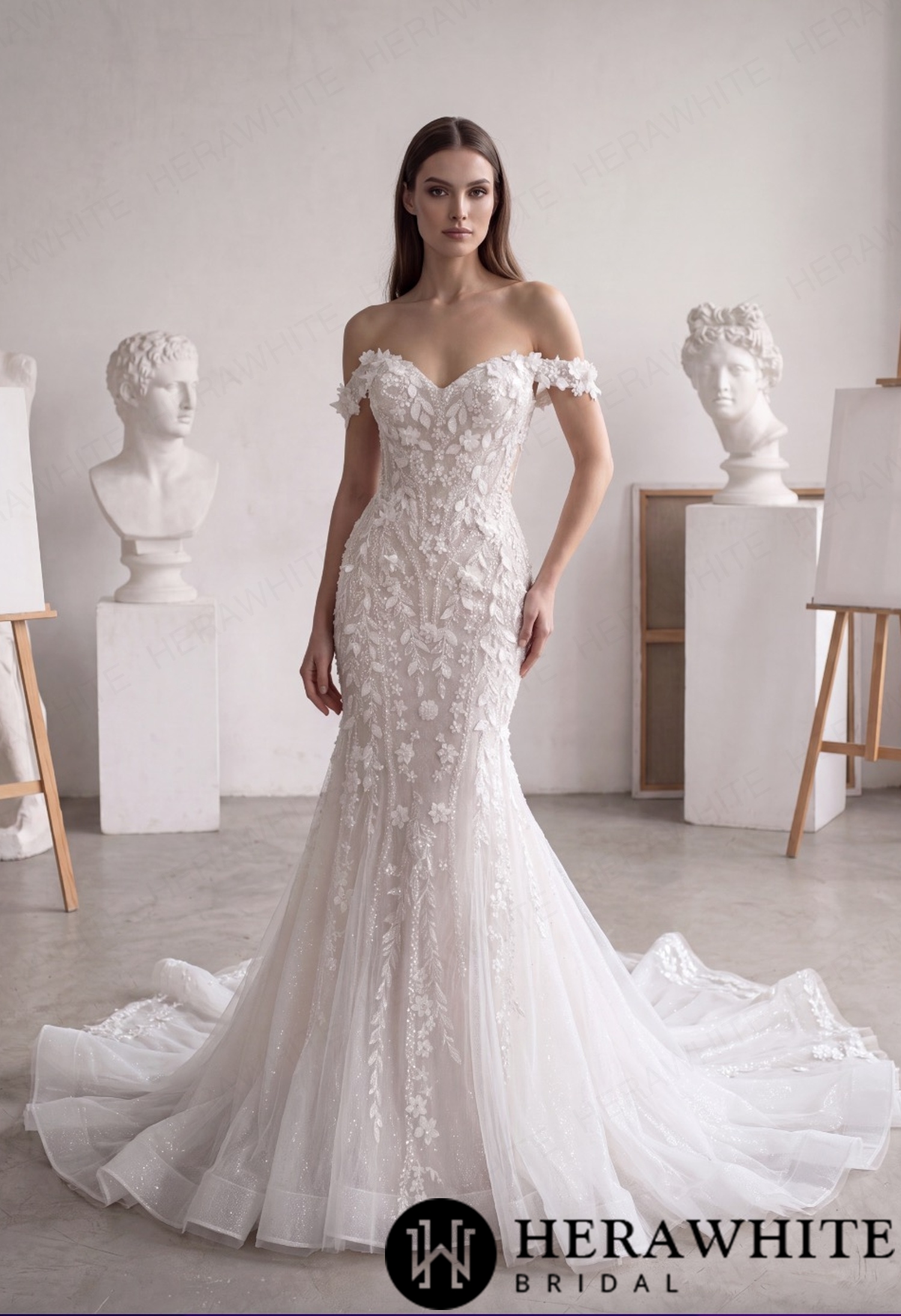 Off-Shoulder Lace Mermaid Wedding Dress with 3D Floral HW4102