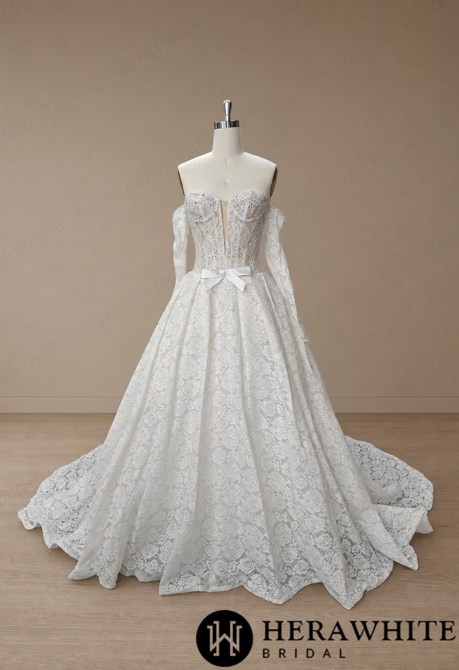 Plunge Illusion Lace Wedding Dress - Off-Shoulder HW4100