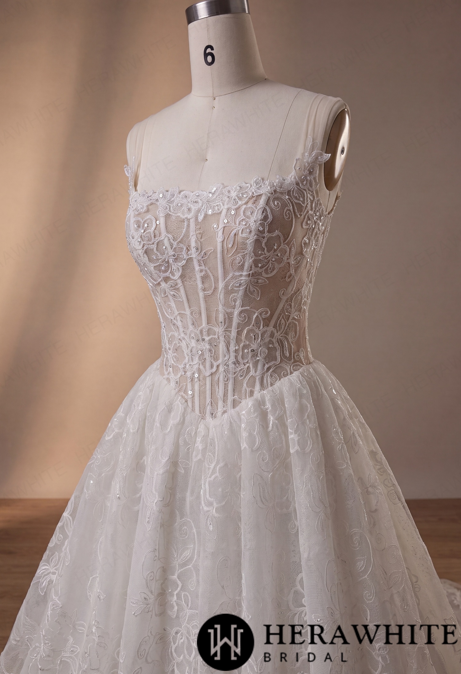 Square Neck Lace A-Line Wedding Dress with Floral Straps HW4101
