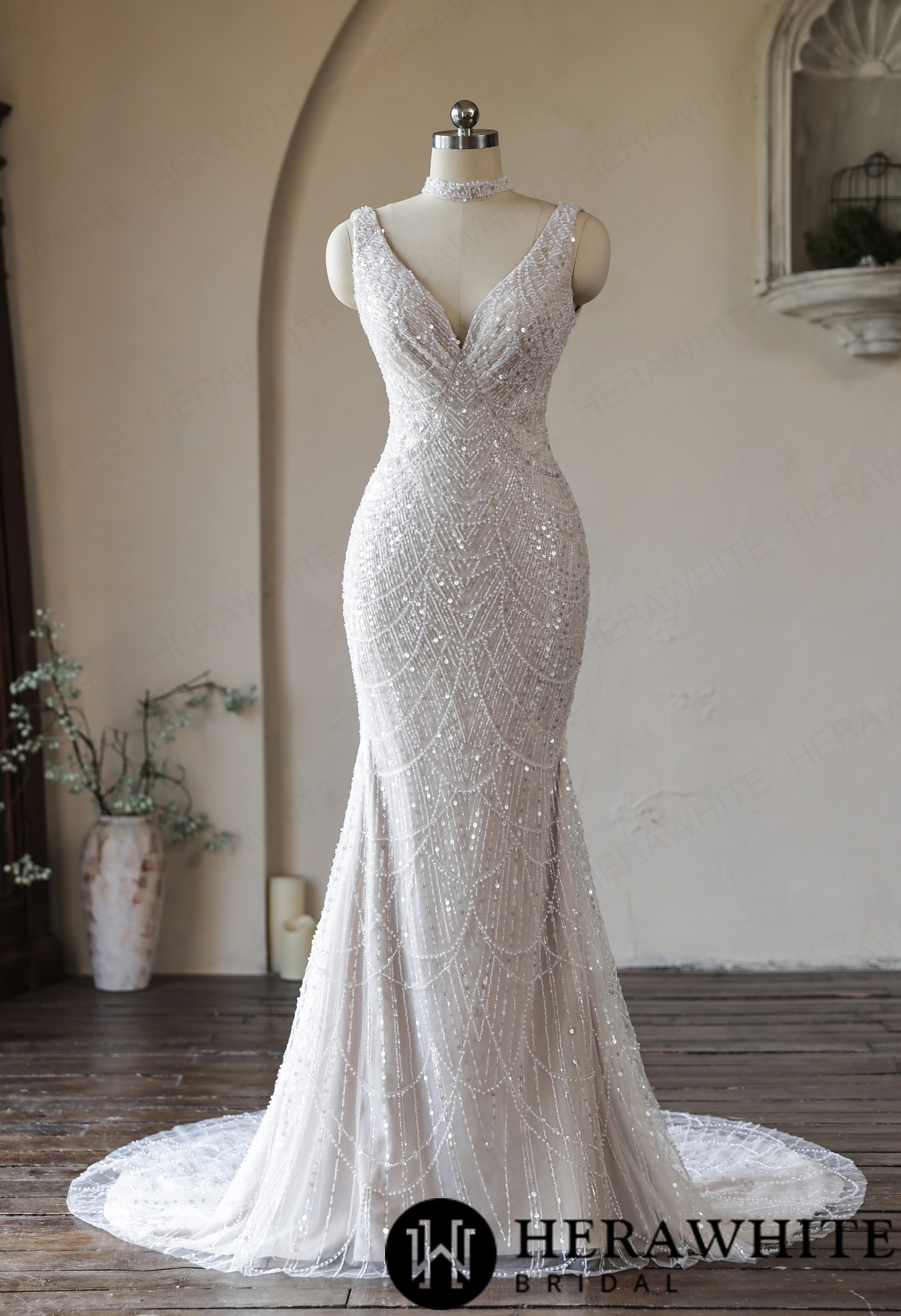 Deep-V Mermaid Beaded Lace Wedding Dress with Choker