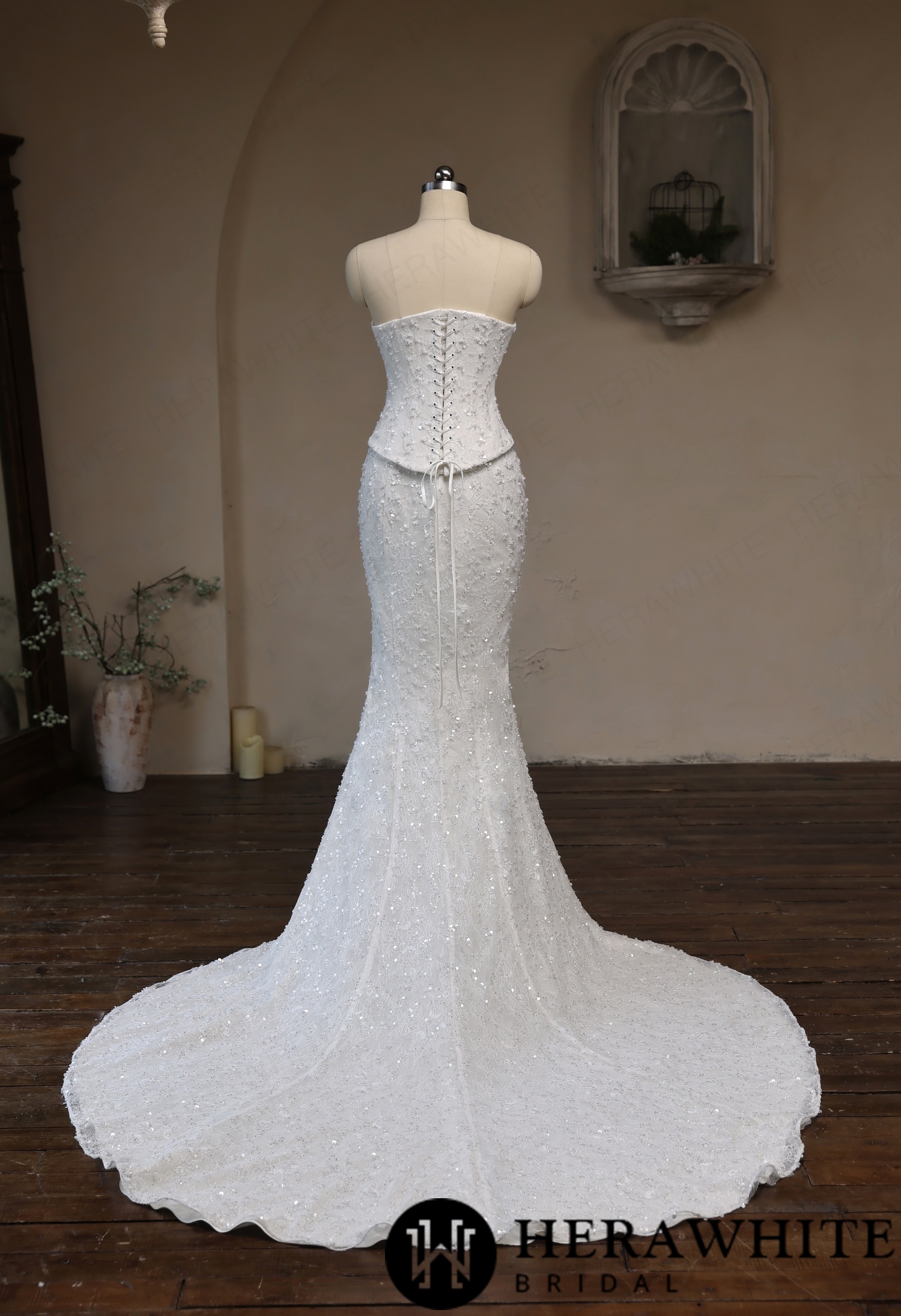 Sweetheart Fit-and-Flare Beaded Lace Wedding Dress