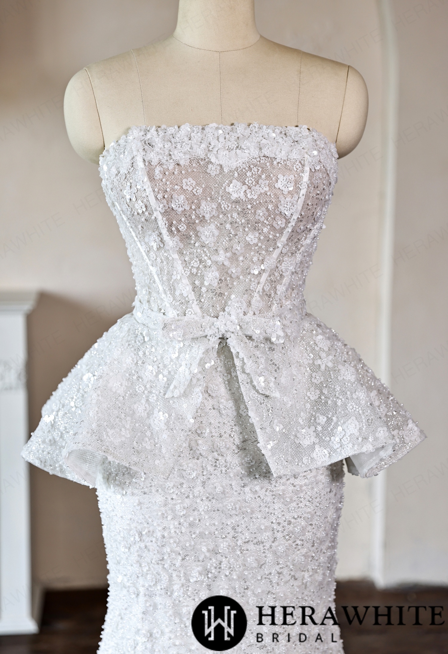 Mermaid Wedding Dress with Beaded Lace Peplum Sash