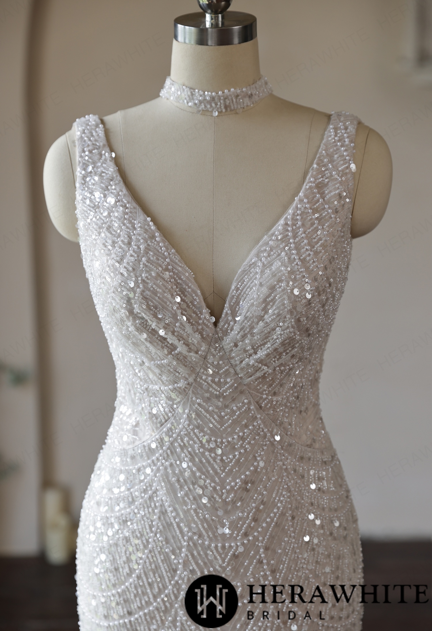 Deep-V Mermaid Beaded Lace Wedding Dress with Choker