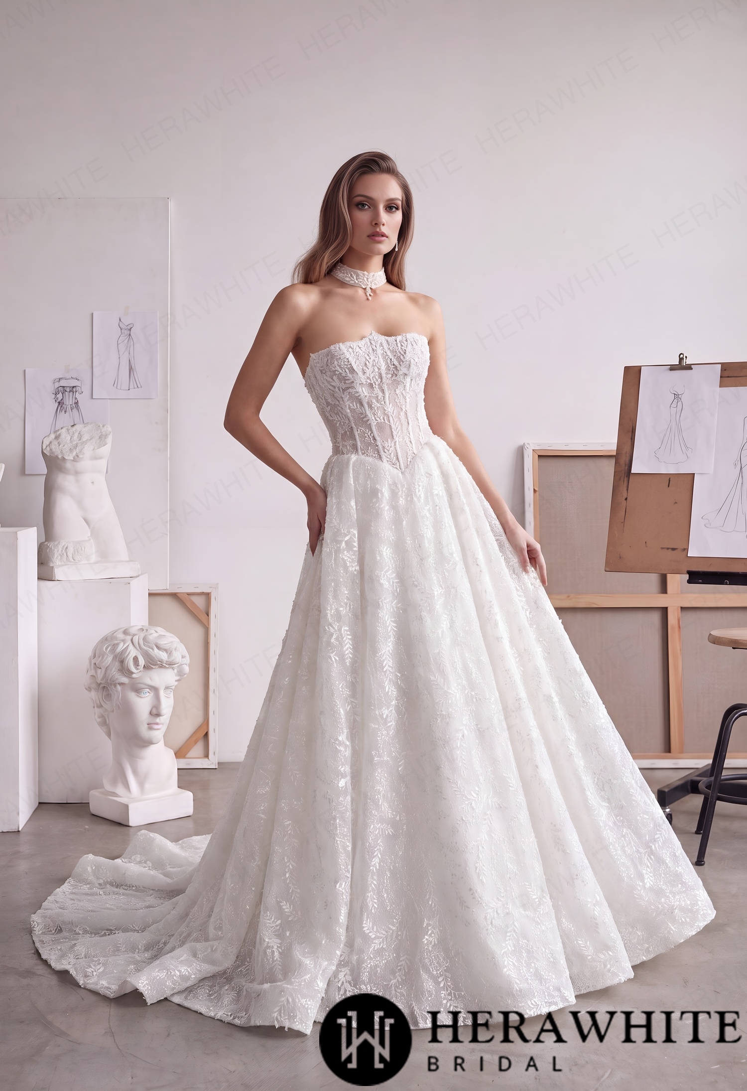 Strapless Lace A-Line Wedding Gown with Basque Waist HW4103
