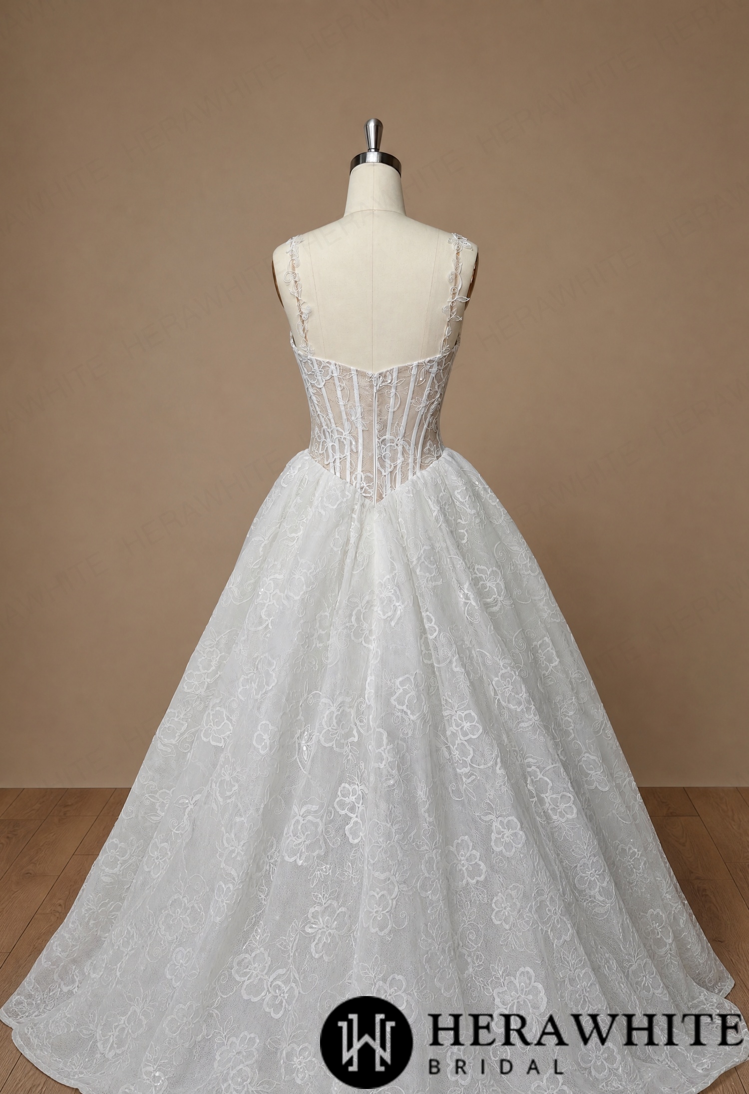 Square Neck Lace A-Line Wedding Dress with Floral Straps HW4101