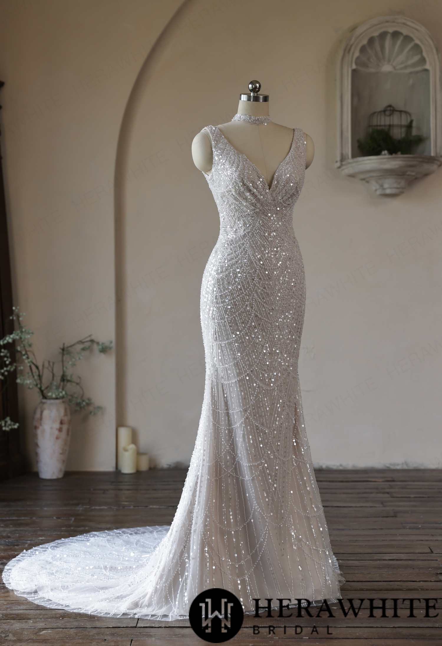 Deep-V Mermaid Beaded Lace Wedding Dress with Choker