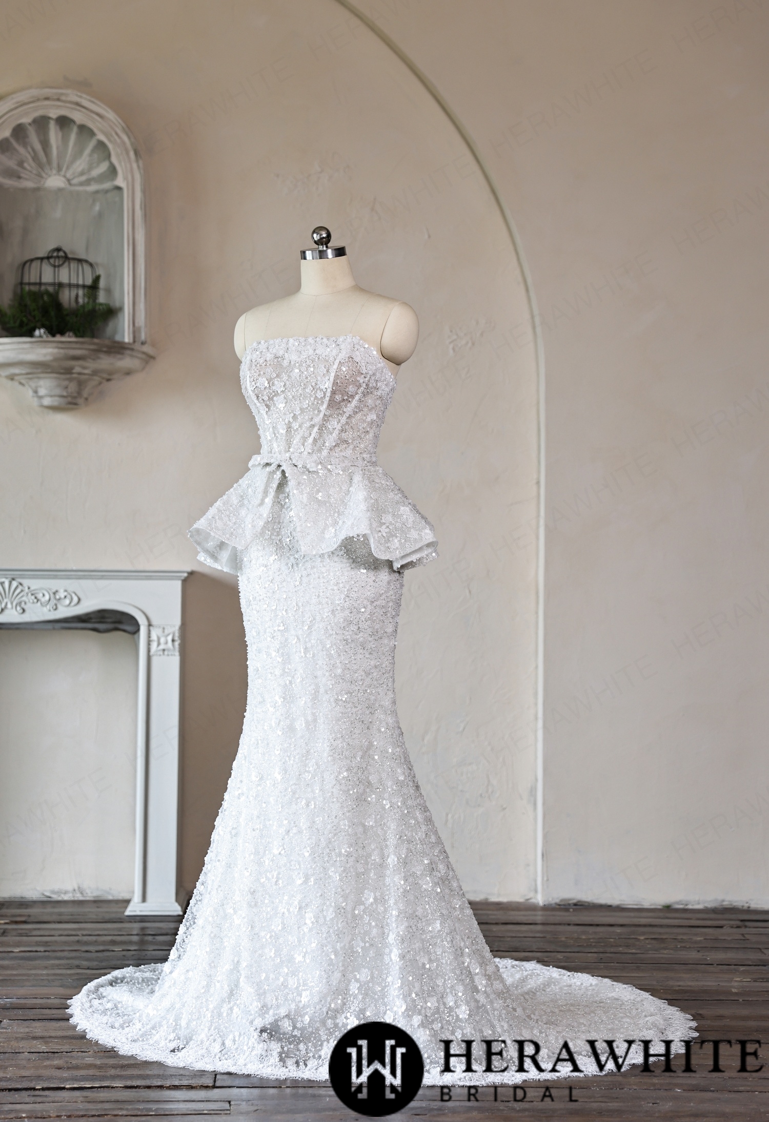 Mermaid Wedding Dress with Beaded Lace Peplum Sash