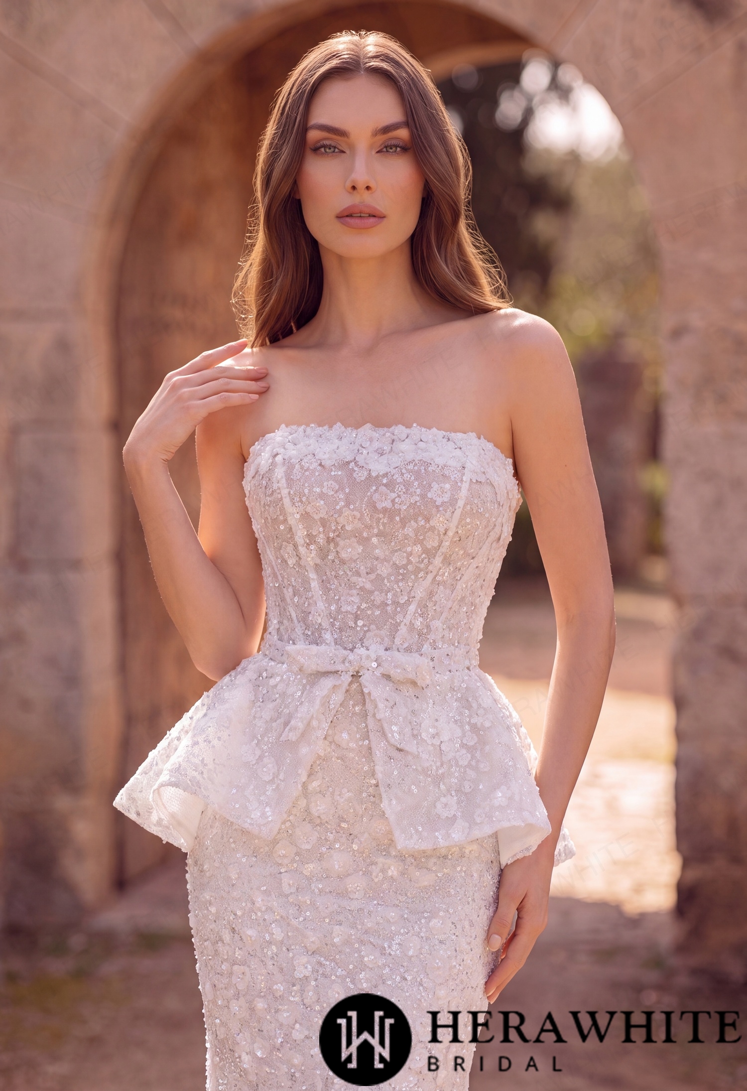 Mermaid Wedding Dress with Beaded Lace Peplum Sash