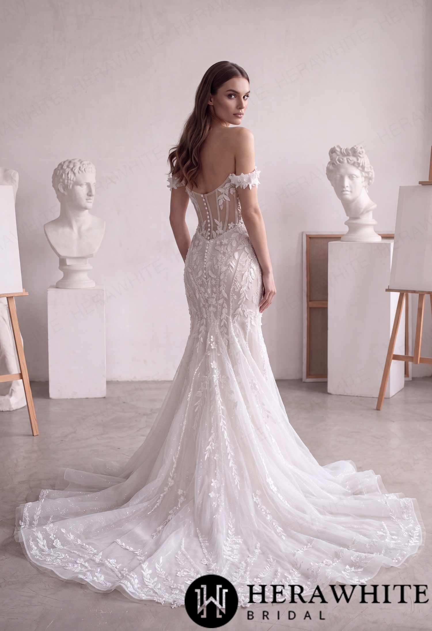 Off-Shoulder Lace Mermaid Wedding Dress with 3D Floral HW4102