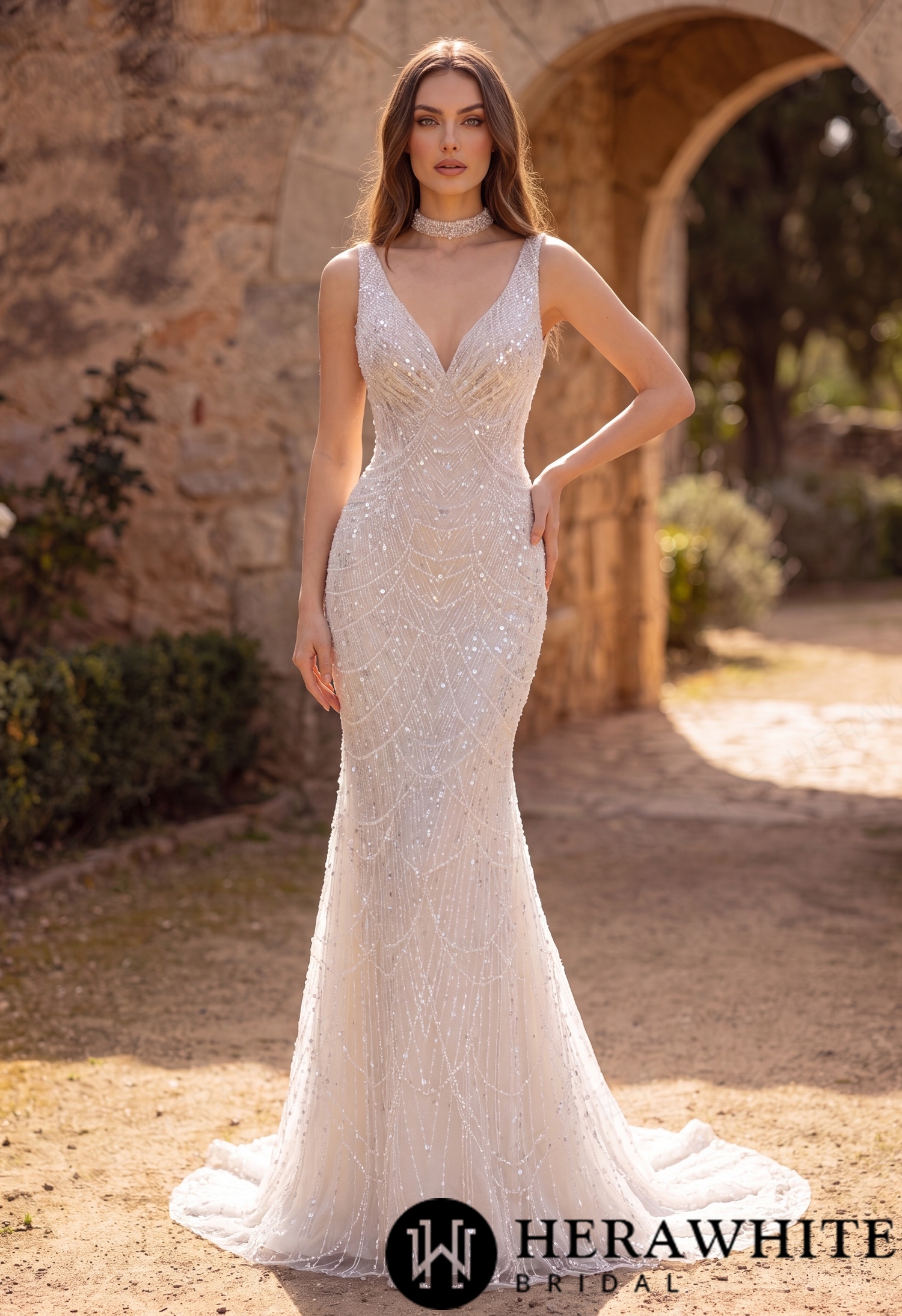 Deep-V Mermaid Beaded Lace Wedding Dress with Choker