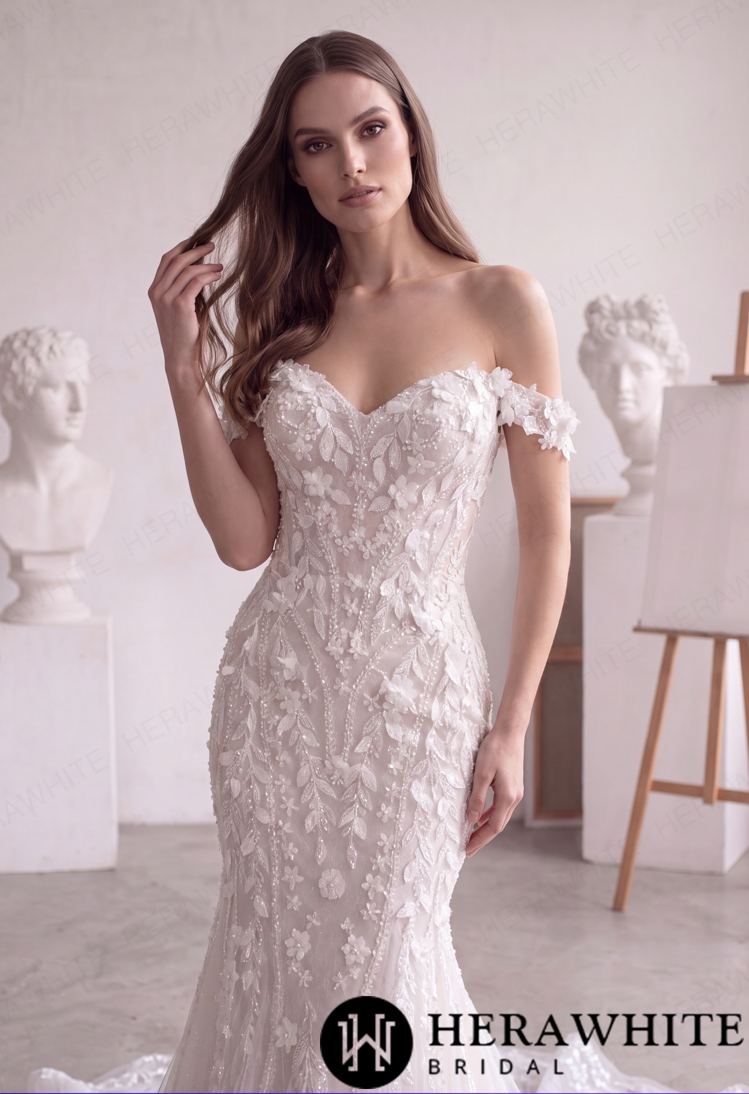 Off-Shoulder Lace Mermaid Wedding Dress with 3D Floral HW4102
