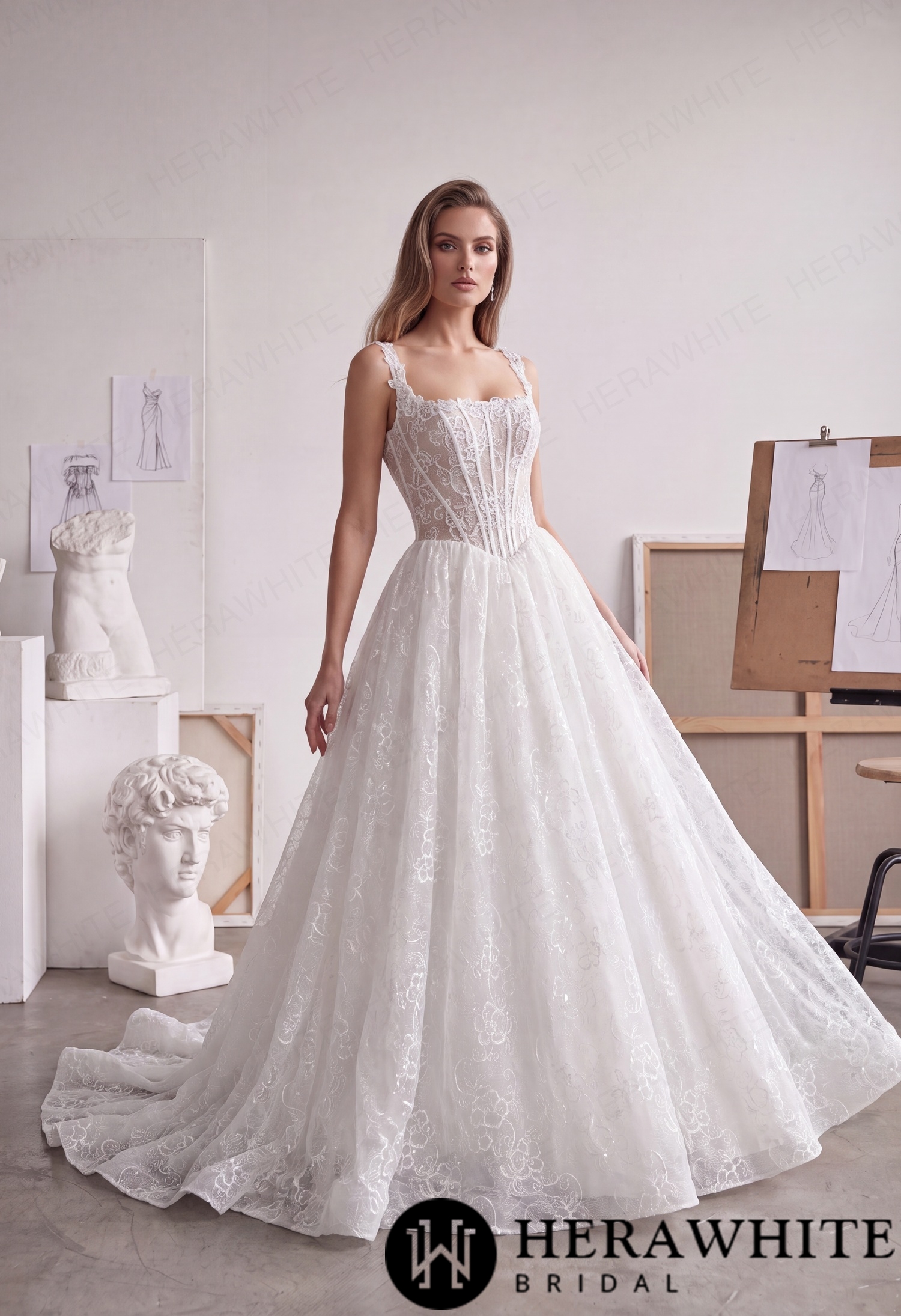 Square Neck Lace A-Line Wedding Dress with Floral Straps HW4101