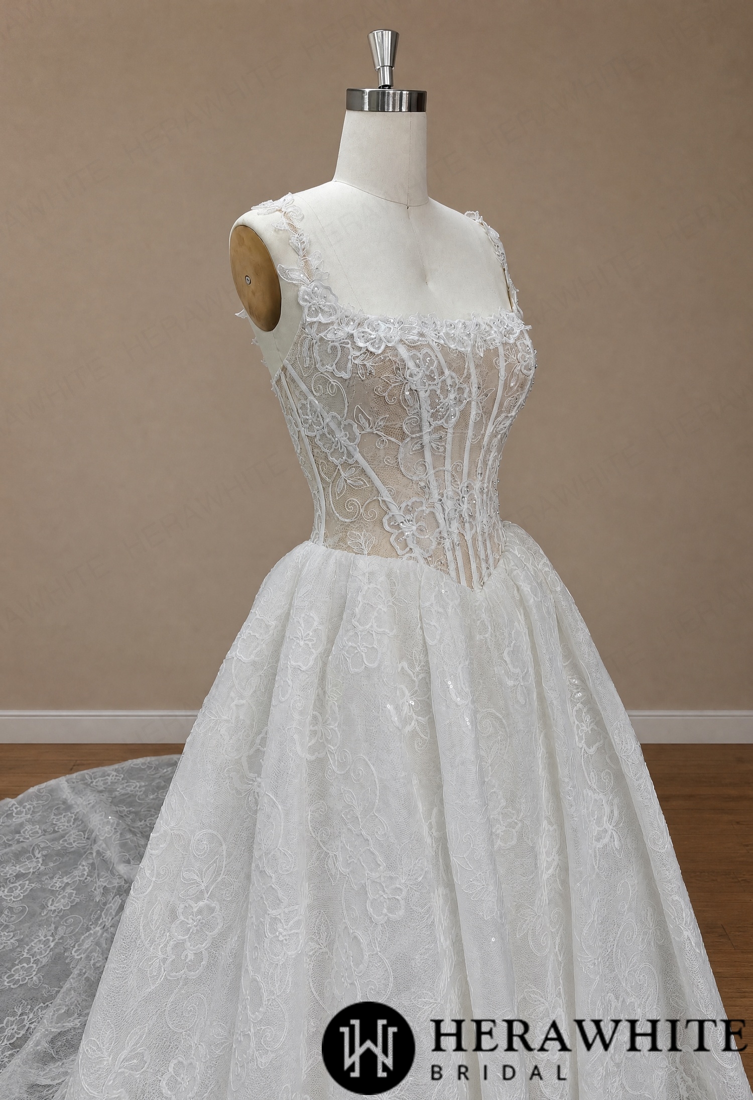 Square Neck Lace A-Line Wedding Dress with Floral Straps HW4101