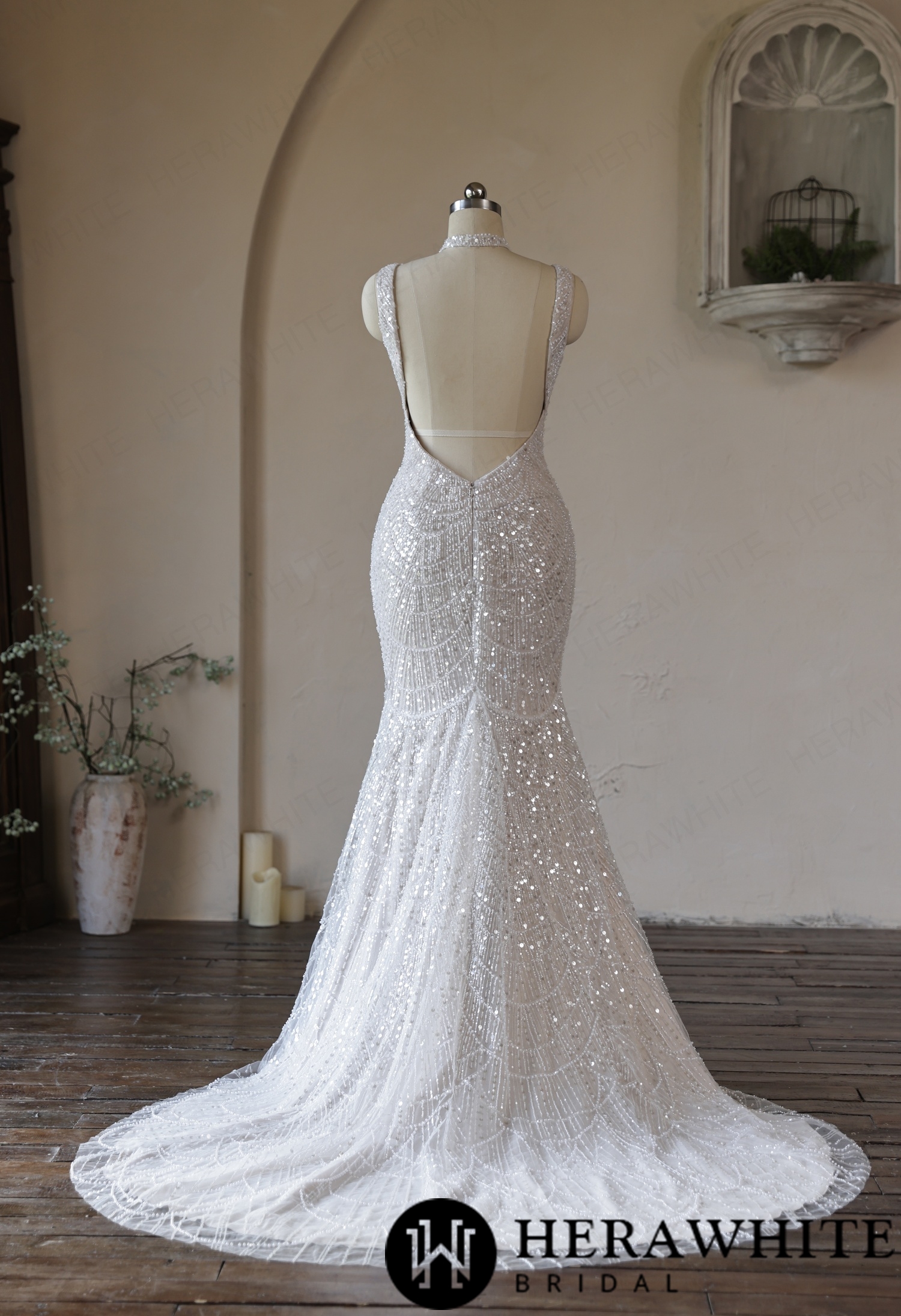 Deep-V Mermaid Beaded Lace Wedding Dress with Choker