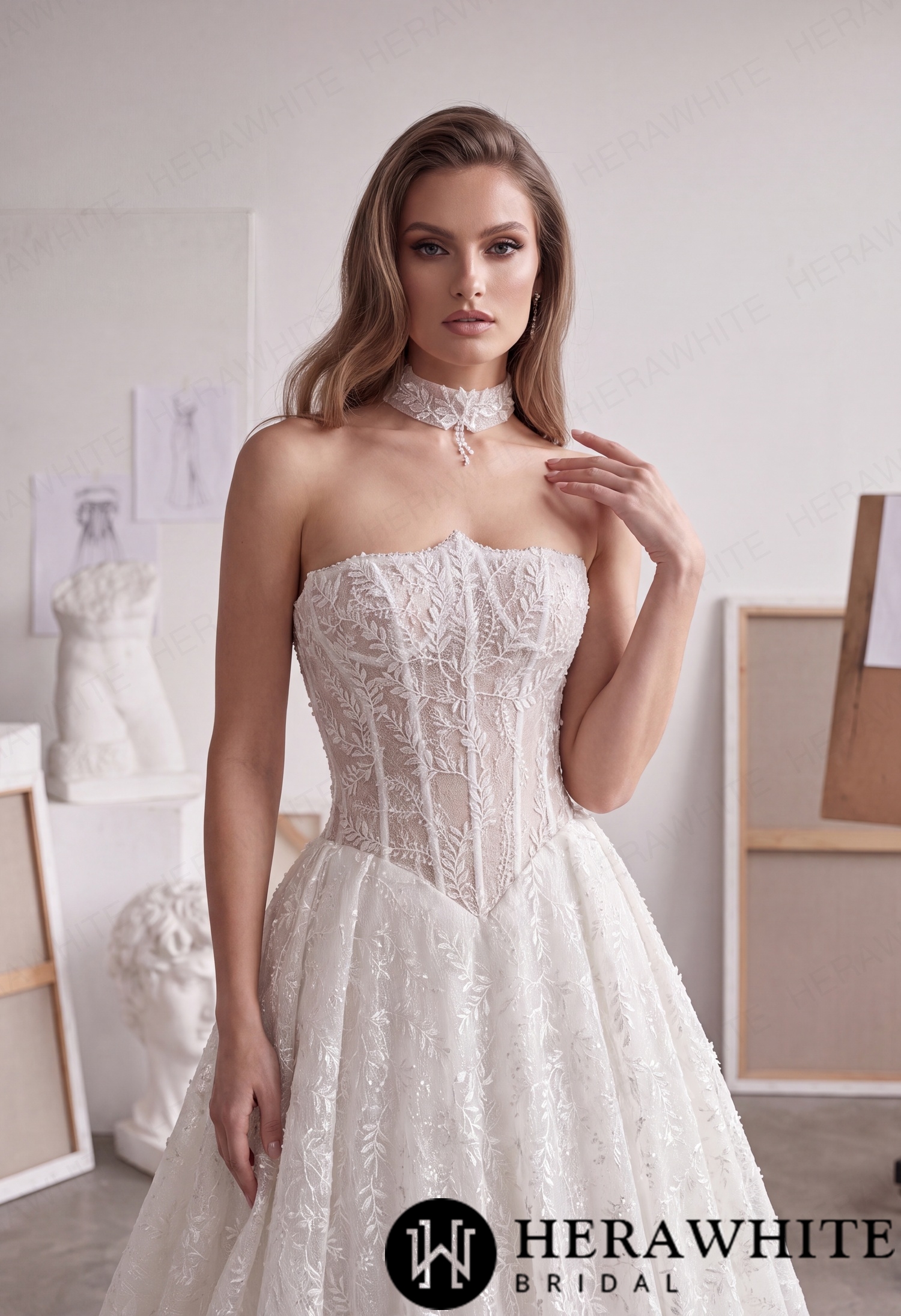 Strapless Lace A-Line Wedding Gown with Basque Waist HW4103