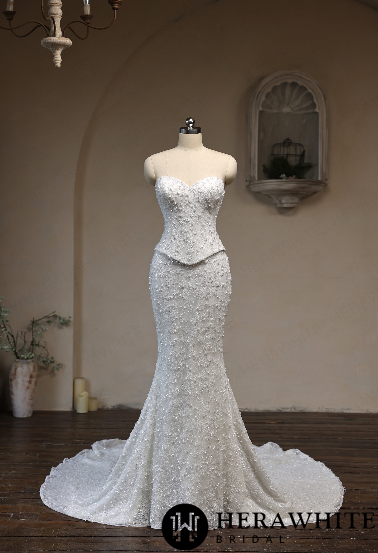 Sweetheart Fit-and-Flare Beaded Lace Wedding Dress